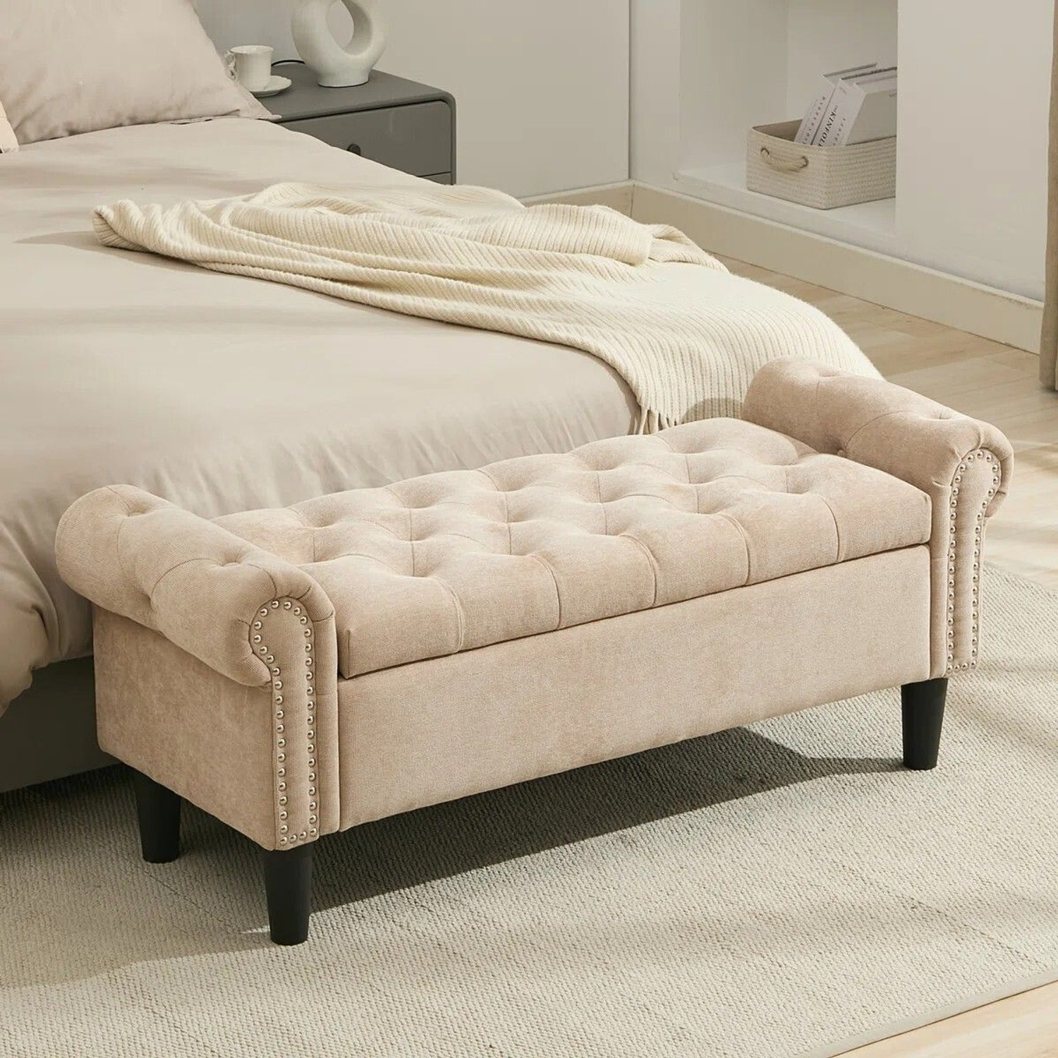Image of Friends Life CLASSIC LIVING TUFTED CUSION DESIGN 3 SEATER BENCH /OTTOMAN / SOFA FOR HOME Solid Wood Diwan
