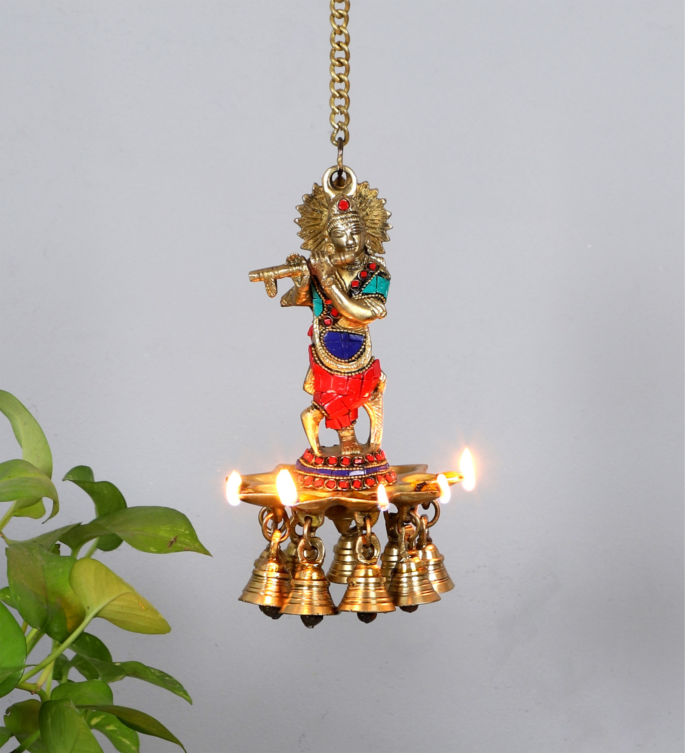 Image of Two Moustaches Gemstone Work Krishna Design Hanging Diya, Brass Hanging Diya