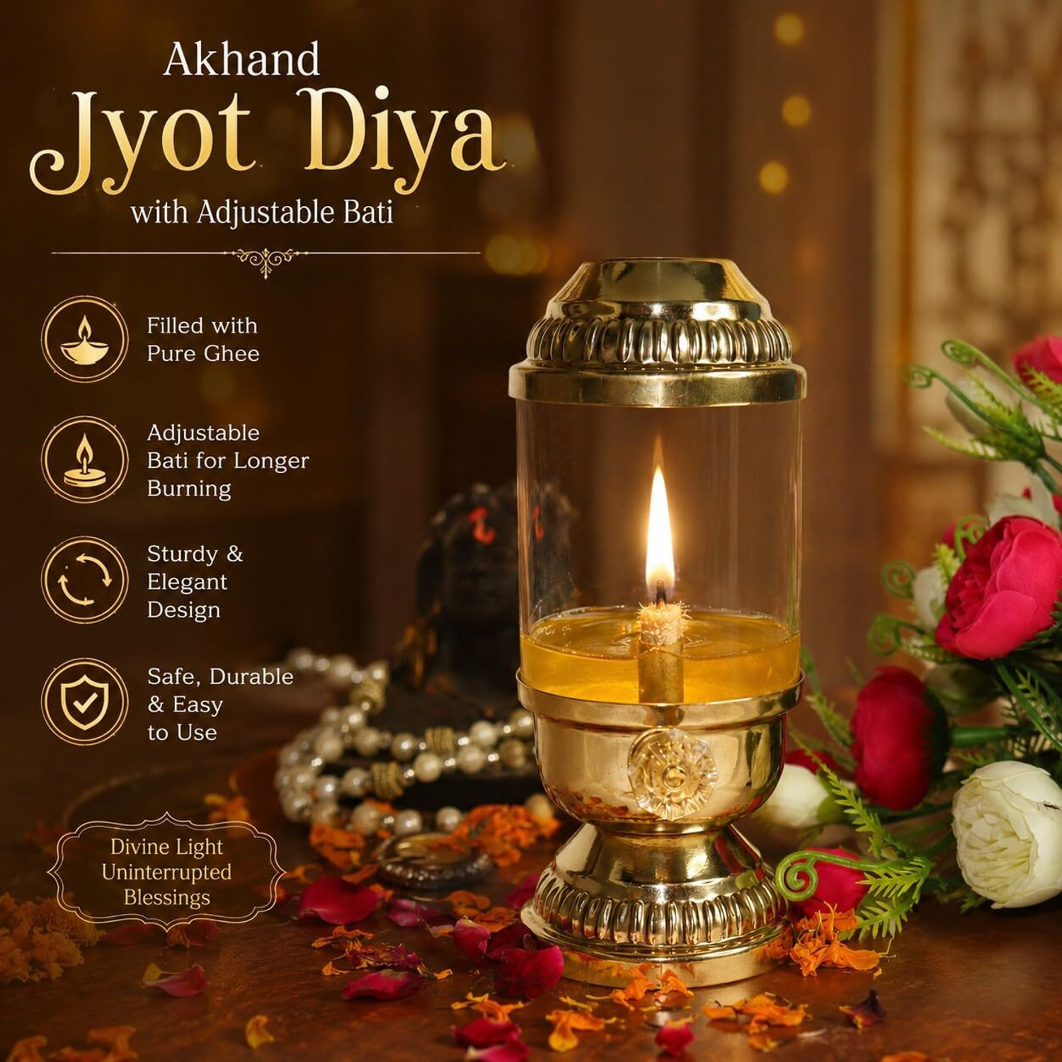 Image of SANVI HANDICRAFT Akhand Jyot Diya with Adjustable Bati, Long Burning Oil Lamp with Glass Cover Brass, Glass Table Diya (Height: 6.5 inch)