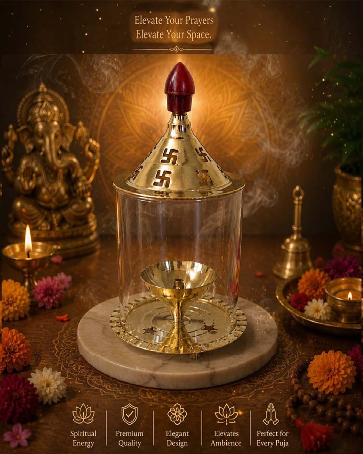 Image of Heaven Decor Heaven Decor Temple Grace Brass Oil Lamp with Glass Cover Brass Table Diya