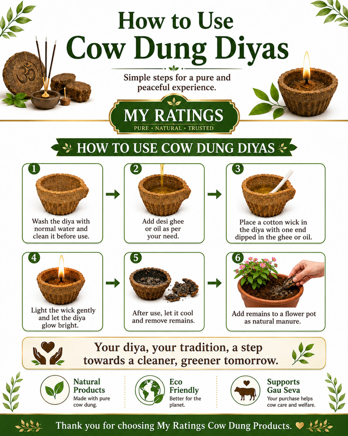 Image of NEUTON Cow Dung Self Burn Diyas | Pure Gir Cow Dung | Ideal for Deewali & Pooja Cow Dung (Pack of 21) Table Diya Set