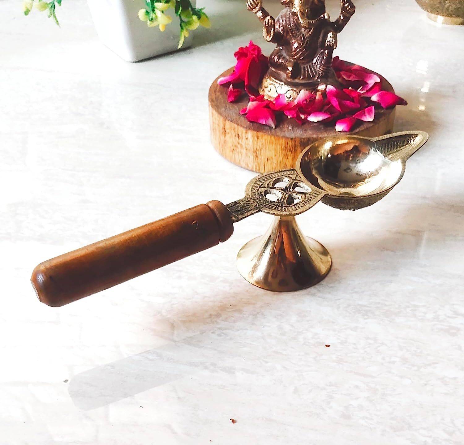amishi blissful decor Pure Brass with Wooden Grip Handle Arti Diya/Deepak with Divine Finish Brass Table Diya