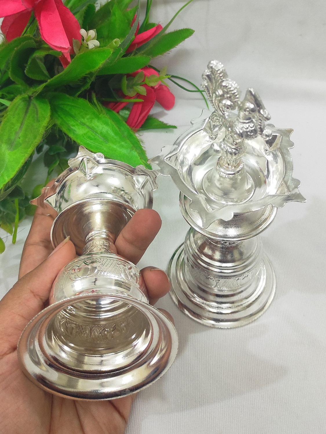 Image of Samukkaras Fashion Samukkaras Pure German Silver Peacock Design Kuthuvilakku set for Home Silver (Pack of 2) Table Diya Set