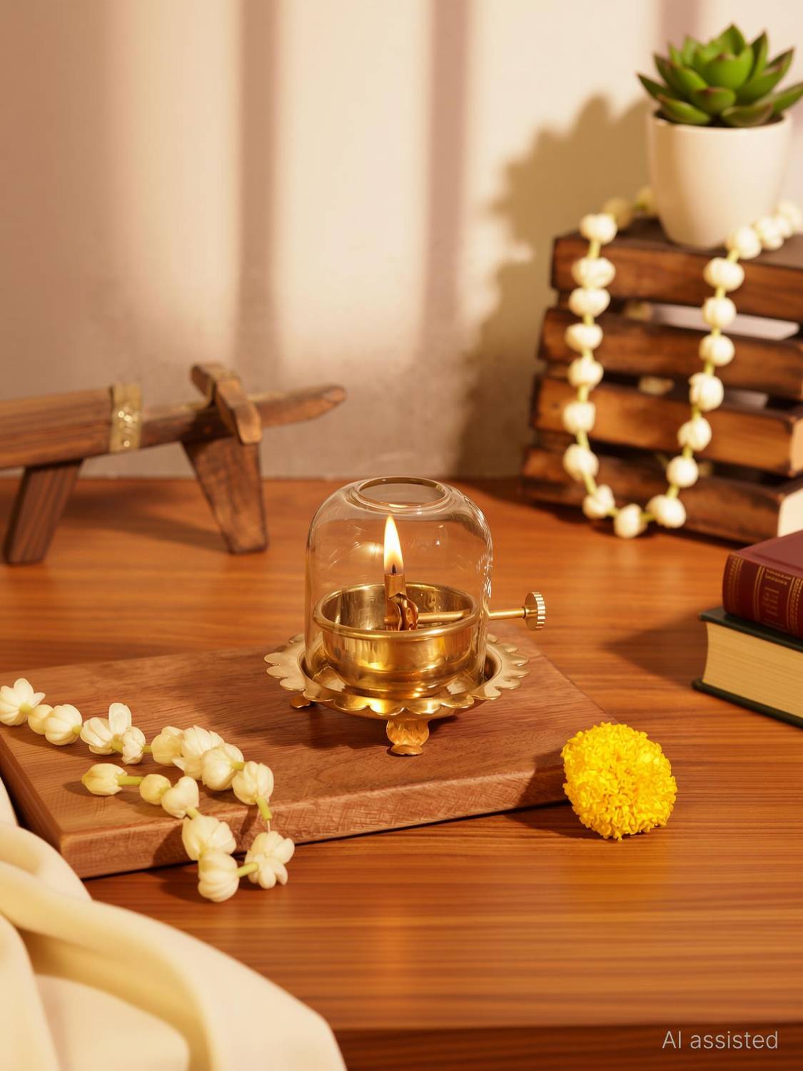 ALTINORA 3 inch Akhand jyot diya /Diya for pooja Brass, Borosilicate Glass Table Diya