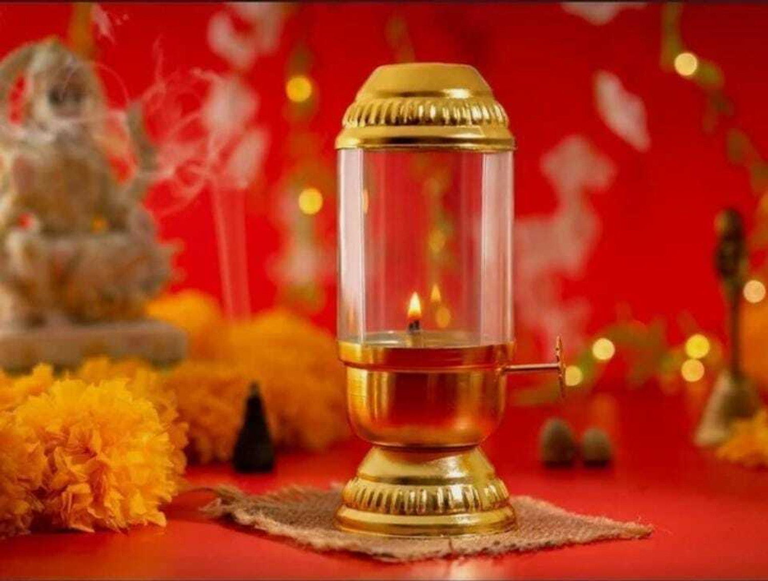 Image of kunmetal pooja,navratri,diwali metal brass finish akhand jyoti diya with adjustable bati Iron Table Diya