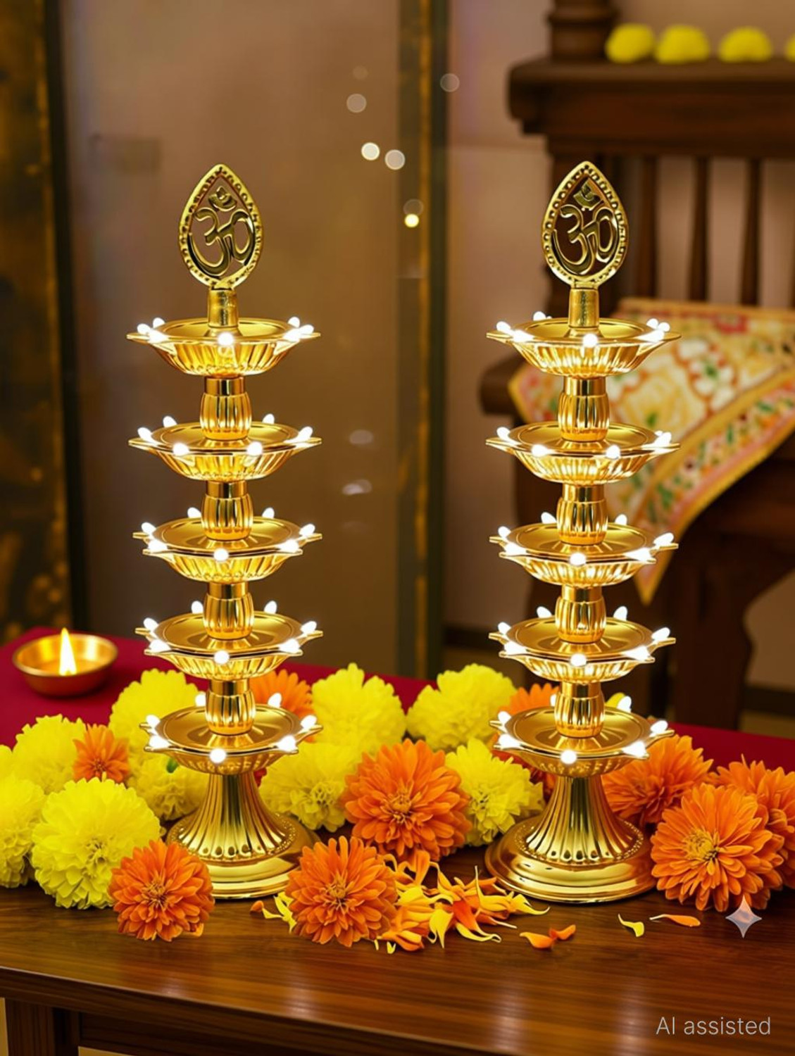 Image of NineToTen 5 layer electric gold 35 LED diya deepak light for diwali home mandir jyoti diya Plastic (Pack of 2) Table Diya