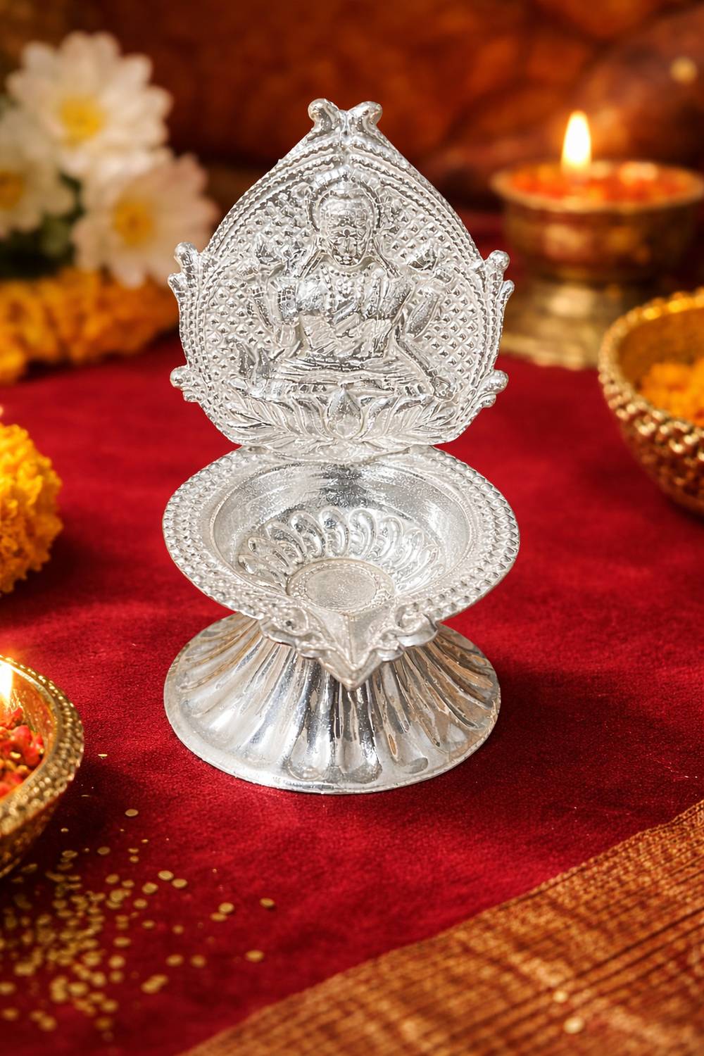 Abhiksha Creations Silver Plated Lakshmi Deepam Diya Silver Plated Table Diya
