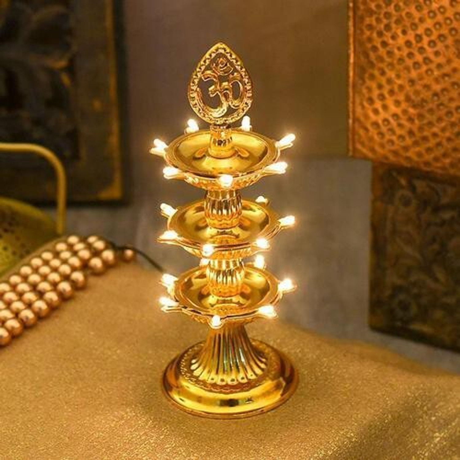 Image of ridhii creations 3 Layer OM Electric 21 LED Diya Stand /Diwali Decorations /Diwali Pooja /Home Decor Plastic Table Diya