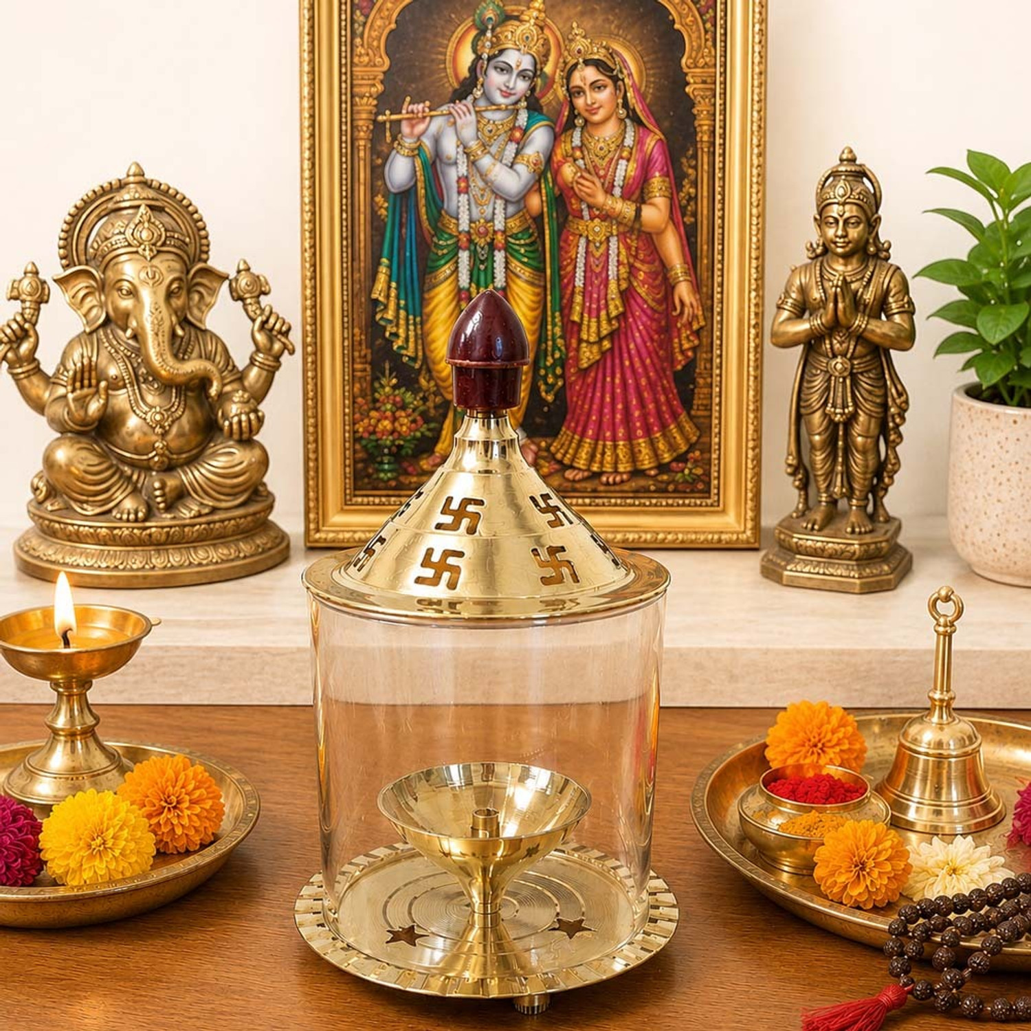 Image of Heaven Decor Heaven Decor Temple Grace Brass Oil Lamp with Glass Cover Brass Table Diya