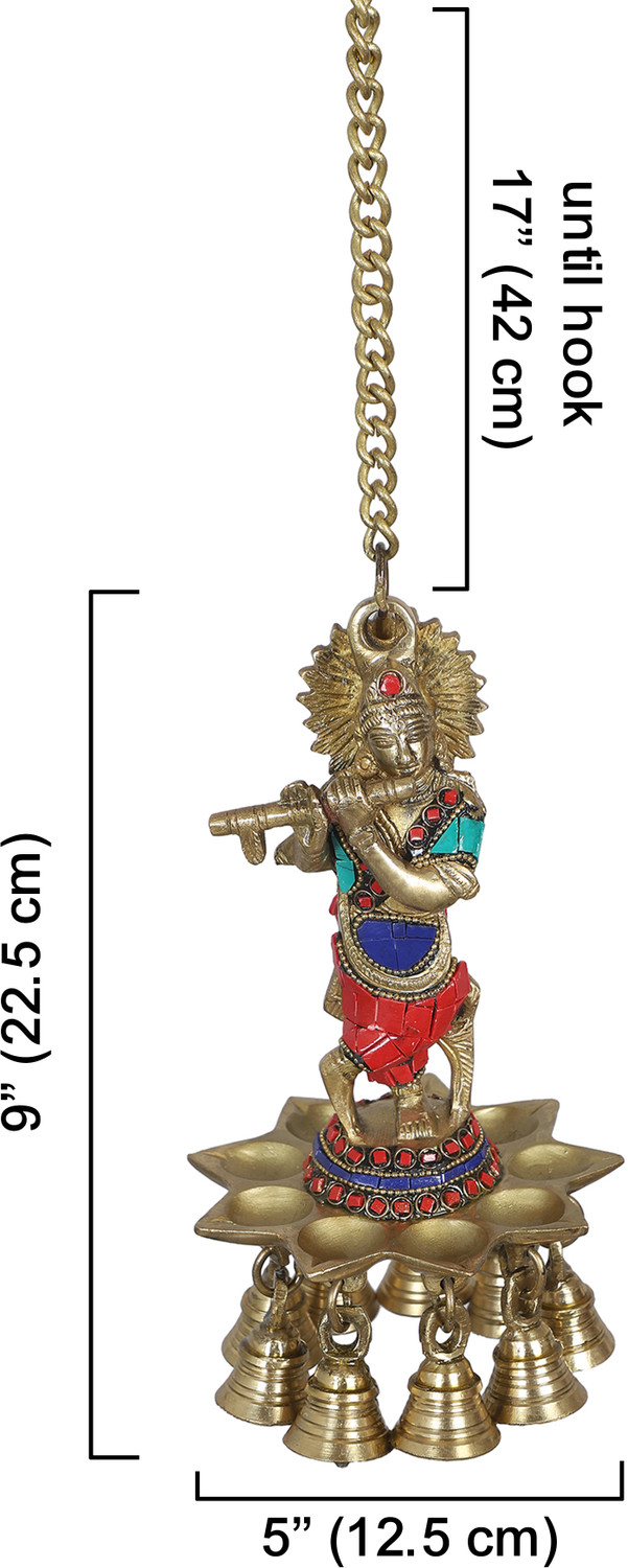 Image of Two Moustaches Gemstone Work Krishna Design Hanging Diya, Brass Hanging Diya