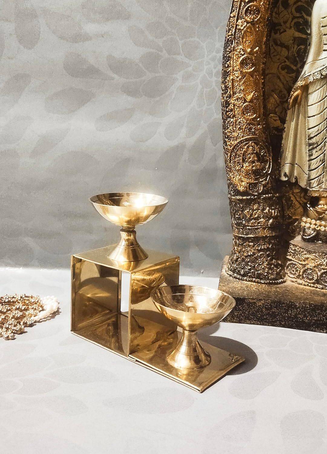 amishi blissful decor Diya for Puja | Pooja Deepam Oil Lamp for Home Puja Articles 2 Step Diya Brass Table Diya