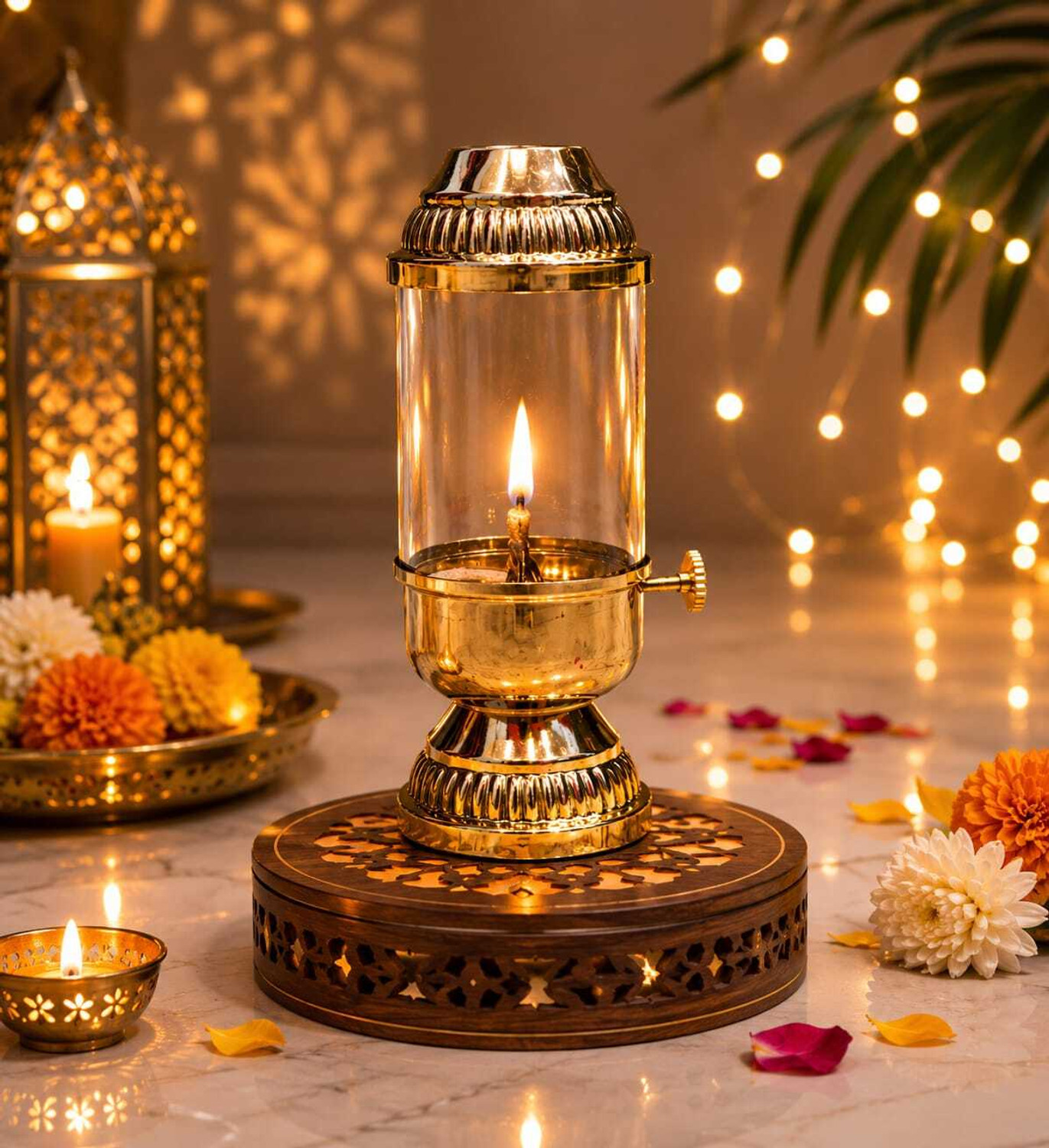 Image of MFCRAFTS BRASS AKHAND LAMP 0.2 Brass, Borosilicate Glass Table Diya