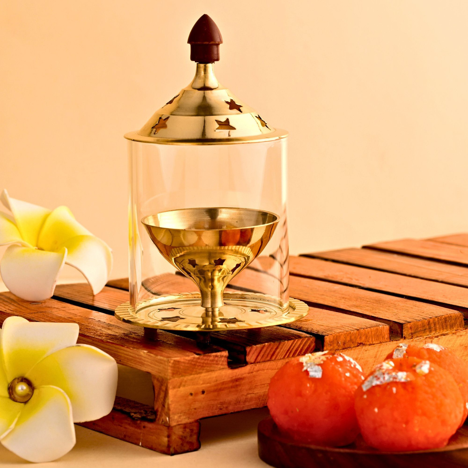 Image of Ein Sof Akhand Jyoti Diya with Borosilicate Glass - Gold Plated Brass, Glass Table Diya