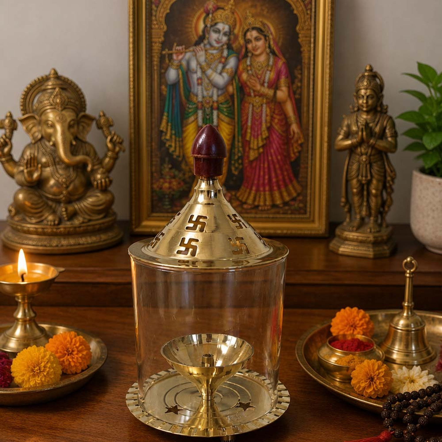 Image of Heaven Decor Heaven Decor Temple Grace Brass Oil Lamp with Glass Cover Brass Table Diya