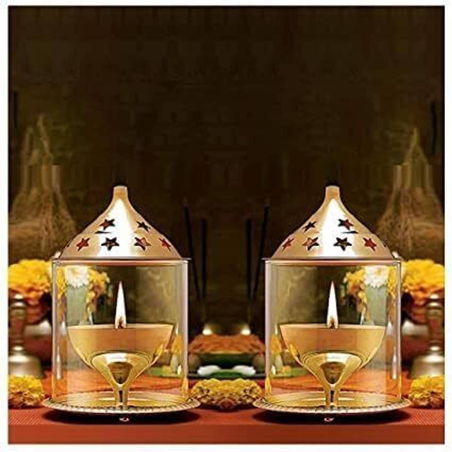 ANI DIVINE Brass Akhand Diya with Clear Glass Chimney Oil Lamp For Diwali (Pack Of 2) Brass, Glass (Pack of 2) Table Diya Set
