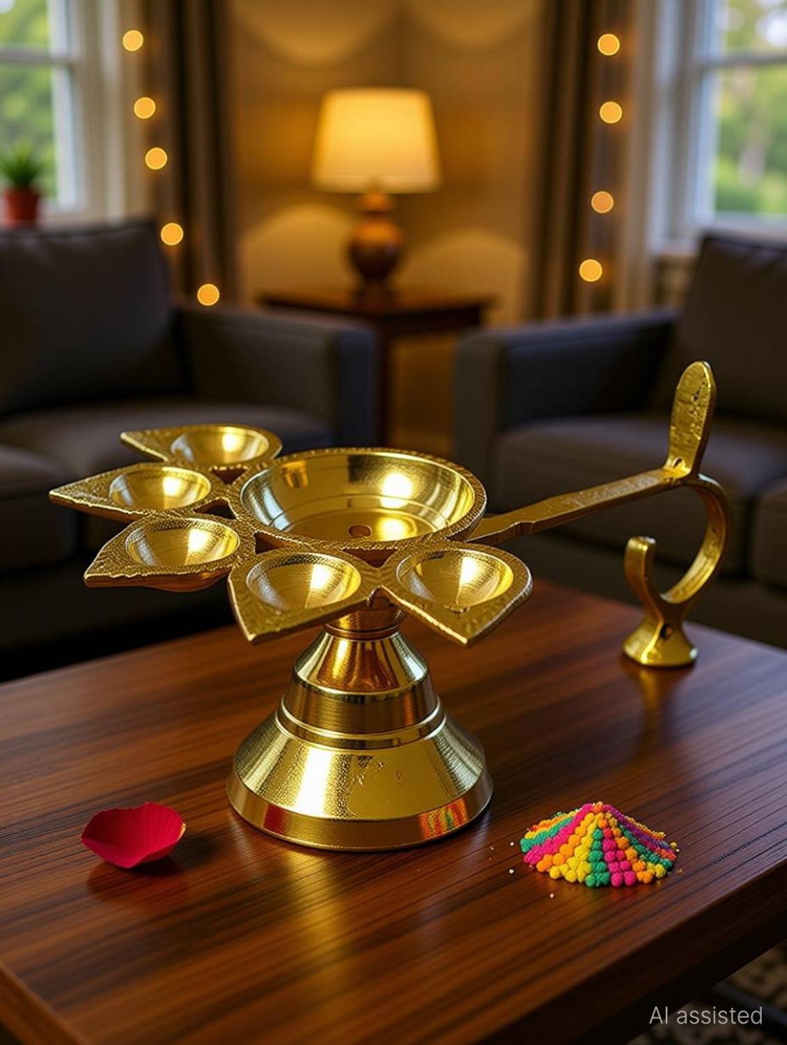 AANU Decorative Brass Panch Aarti Five Face Pooja Diya with Handle/Stand for Temple and Home Diwali Decor, Golden Brass Table Diya