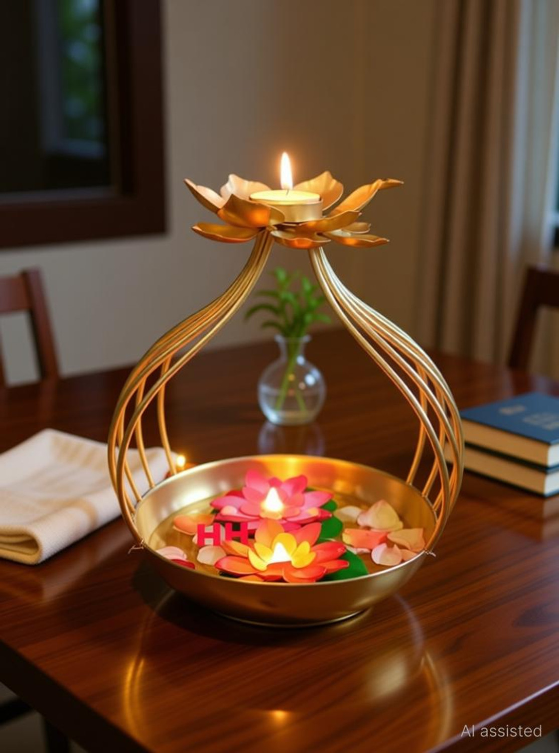 Image of apardecor Brass Lotus Urli Bowl for Diwali Decoration, metal urli bowl, diwali decoration Iron Table Diya Set
