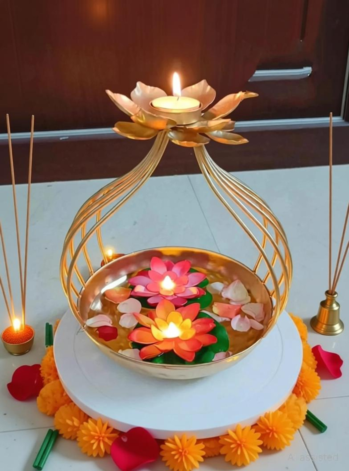Image of apardecor Brass Lotus Urli Bowl for Diwali Decoration, metal urli bowl, diwali decoration Iron Table Diya Set