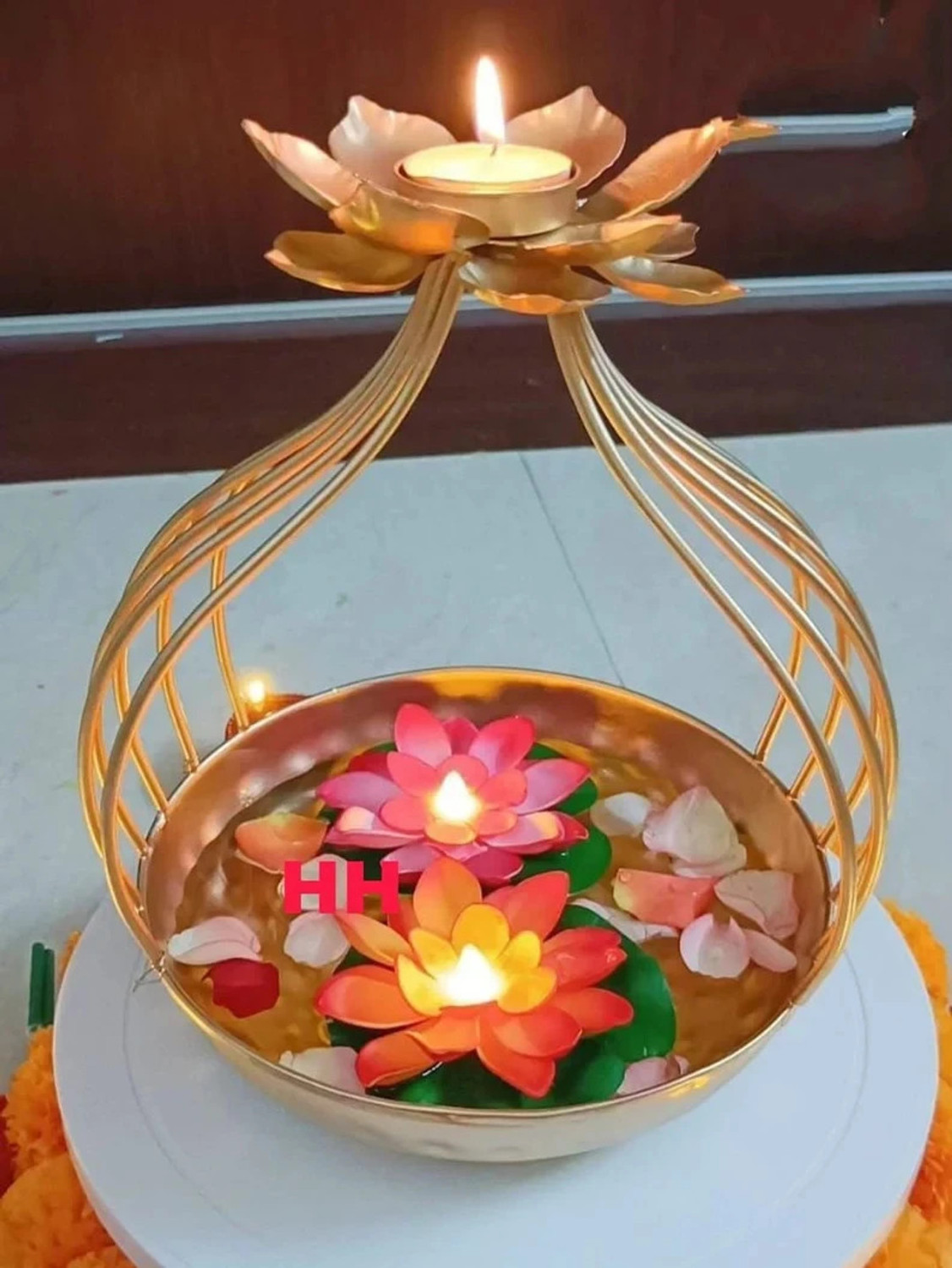 Image of apardecor Brass Lotus Urli Bowl for Diwali Decoration, metal urli bowl, diwali decoration Iron Table Diya Set