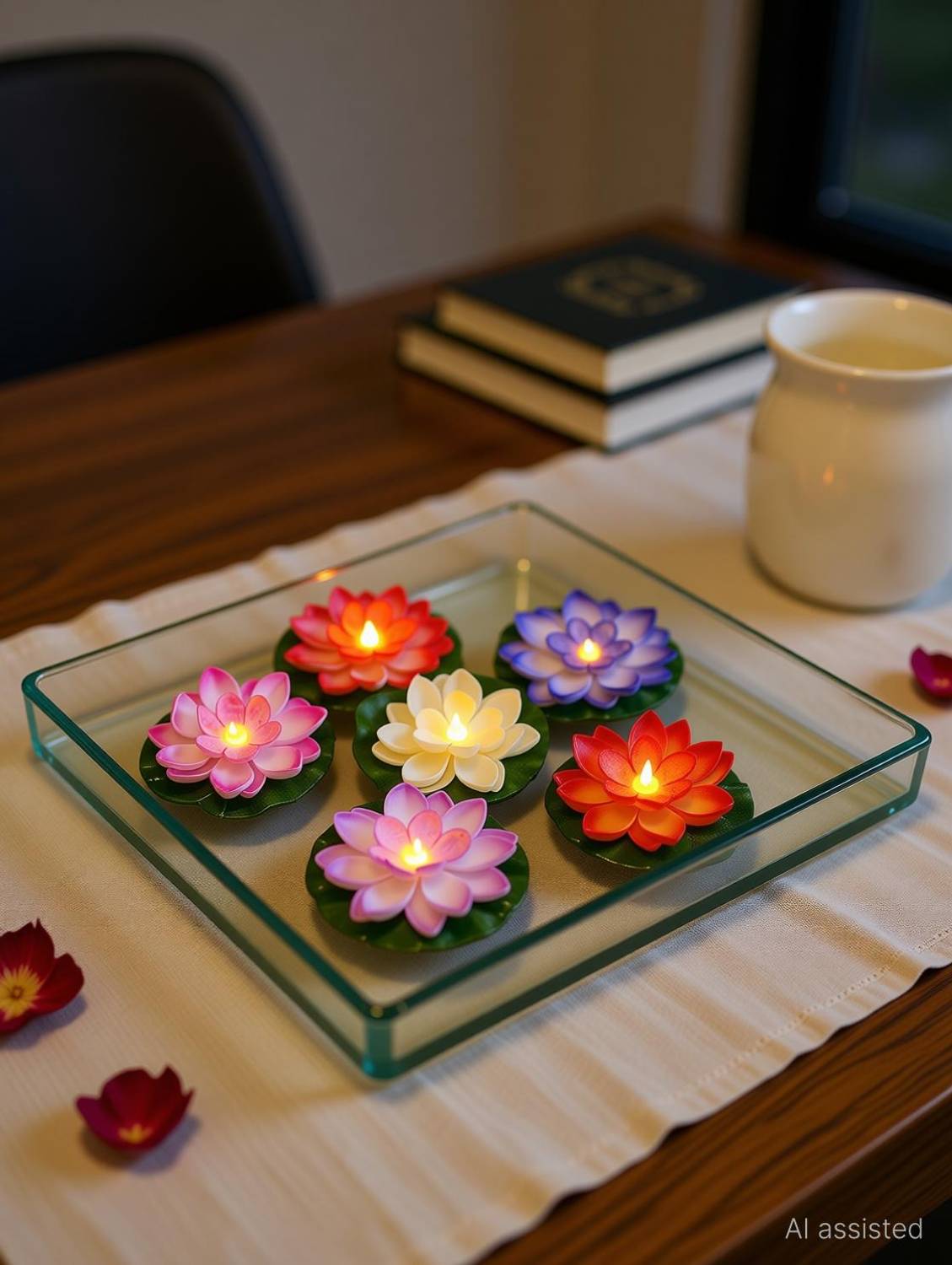 Zenitrain Sensor Water Floating Diyas Smokeless Flameless Candles Lotus Flowers Plastic (Pack of 3) Table Diya