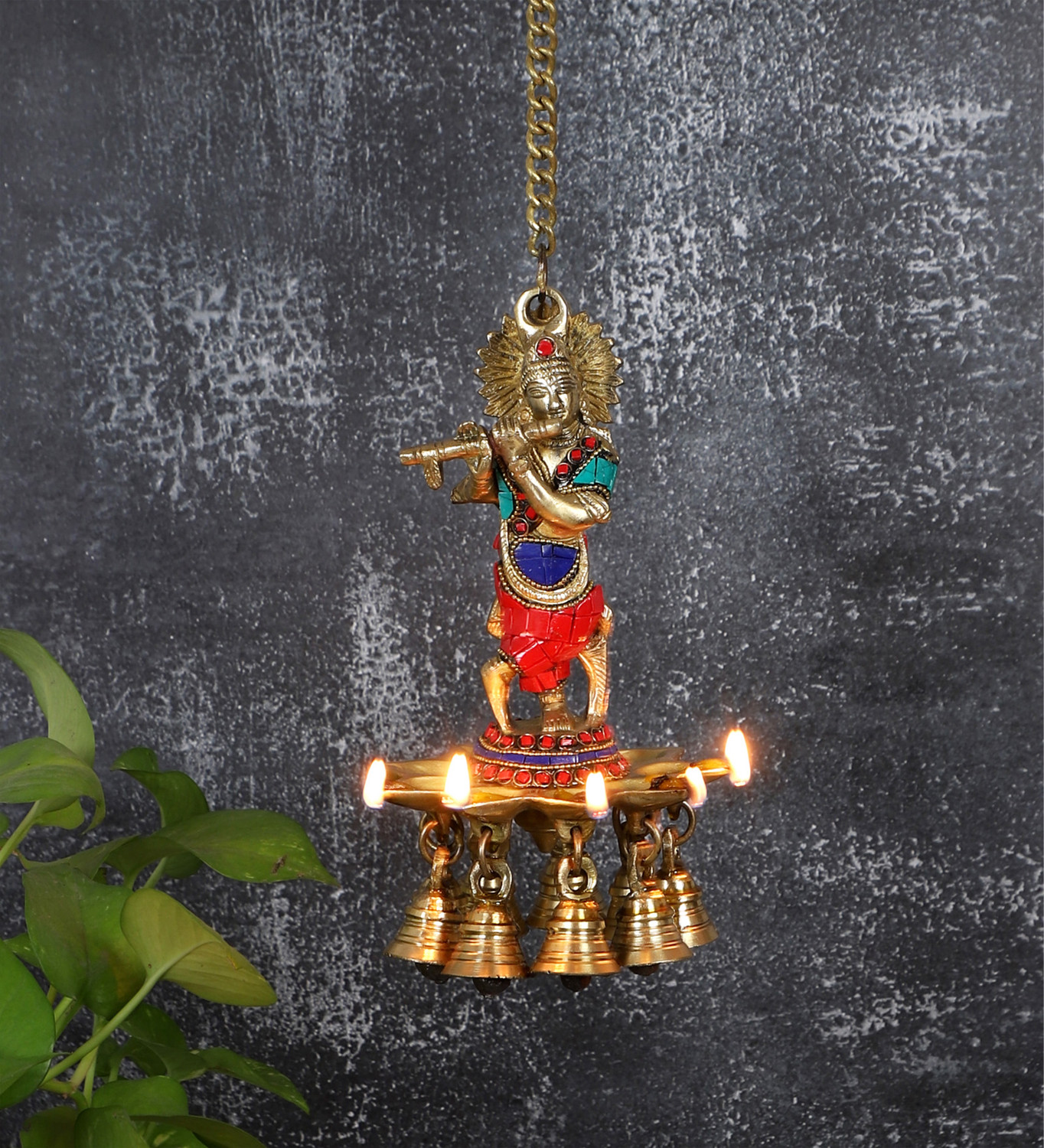 Image of Two Moustaches Gemstone Work Krishna Design Hanging Diya, Brass Hanging Diya