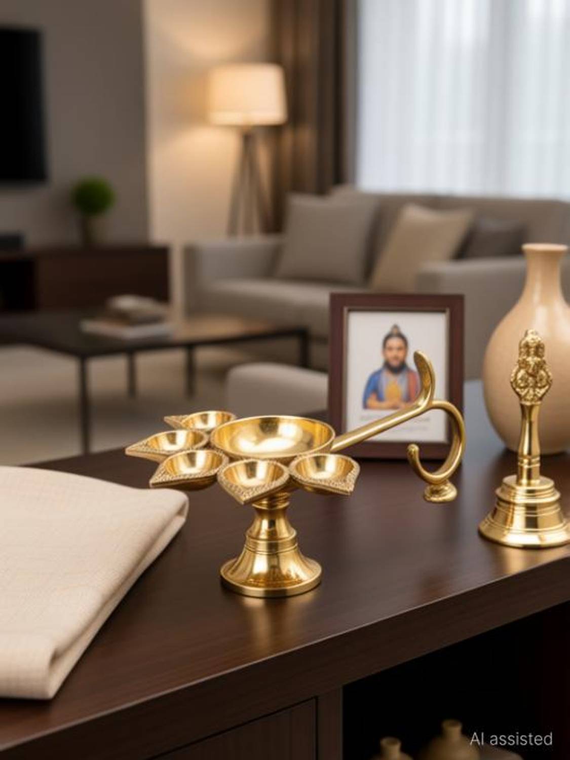 AANU Decrative Panch Deepak Aarti Diya with Brass Pooja Bell/Ghanti Set of 2 Pcs, Five Face Jyoti Stand Diya with Handle for Diwali Home Decor Brass (Pack of 2) Table Diya Set