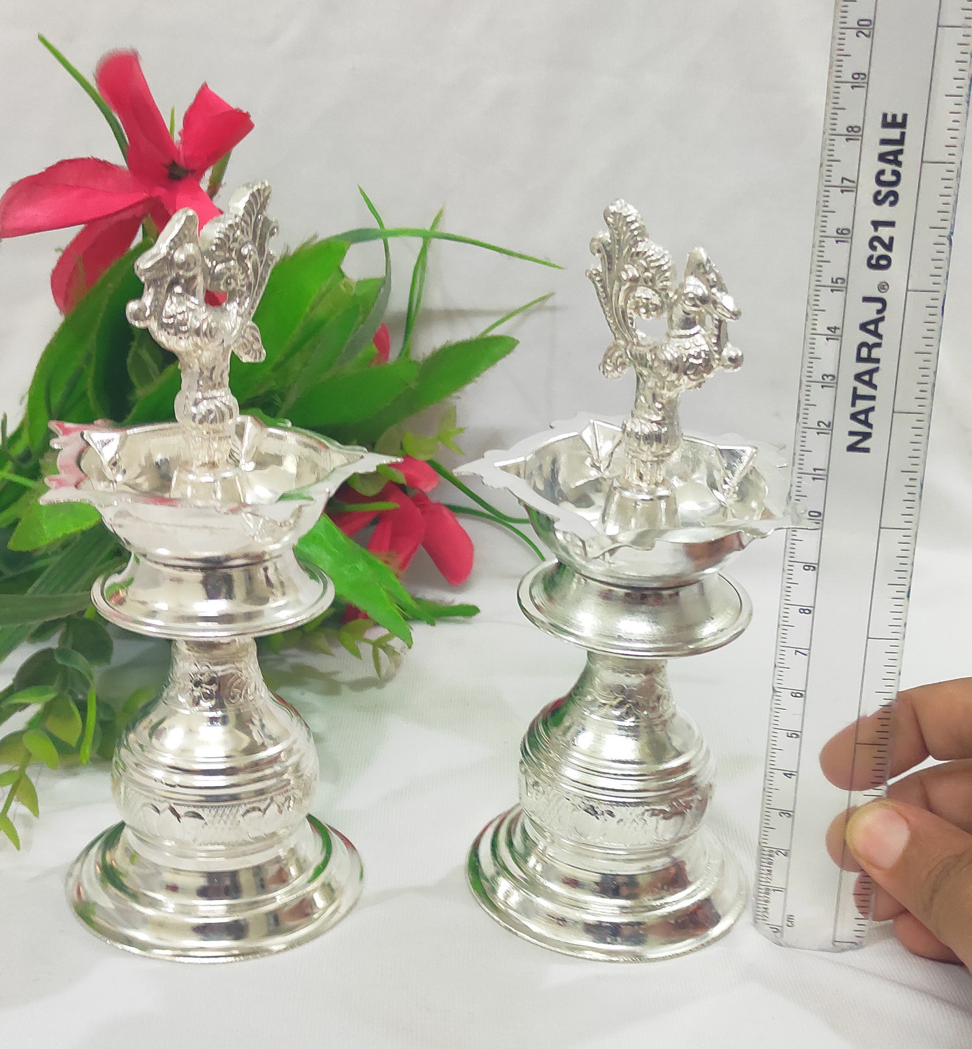 Image of Samukkaras Fashion Samukkaras Pure German Silver Peacock Design Kuthuvilakku set for Home Silver (Pack of 2) Table Diya Set