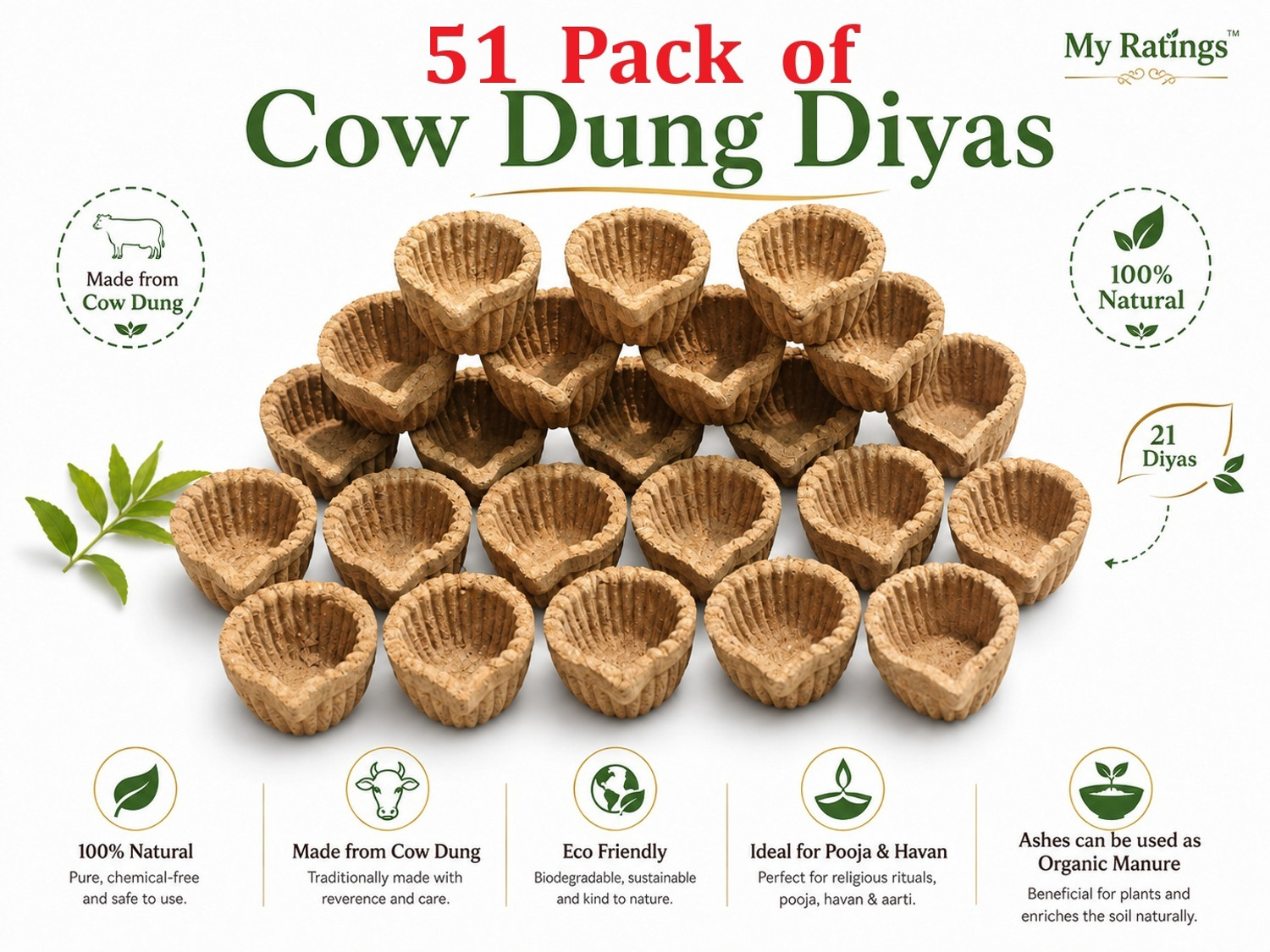 Image of AtoZzone My Ratings Diyas| Pure Gir Cow Dung| Diwali, Pooja, Havan & Festival Use Cow Dung (Pack of 51) Table Diya Set