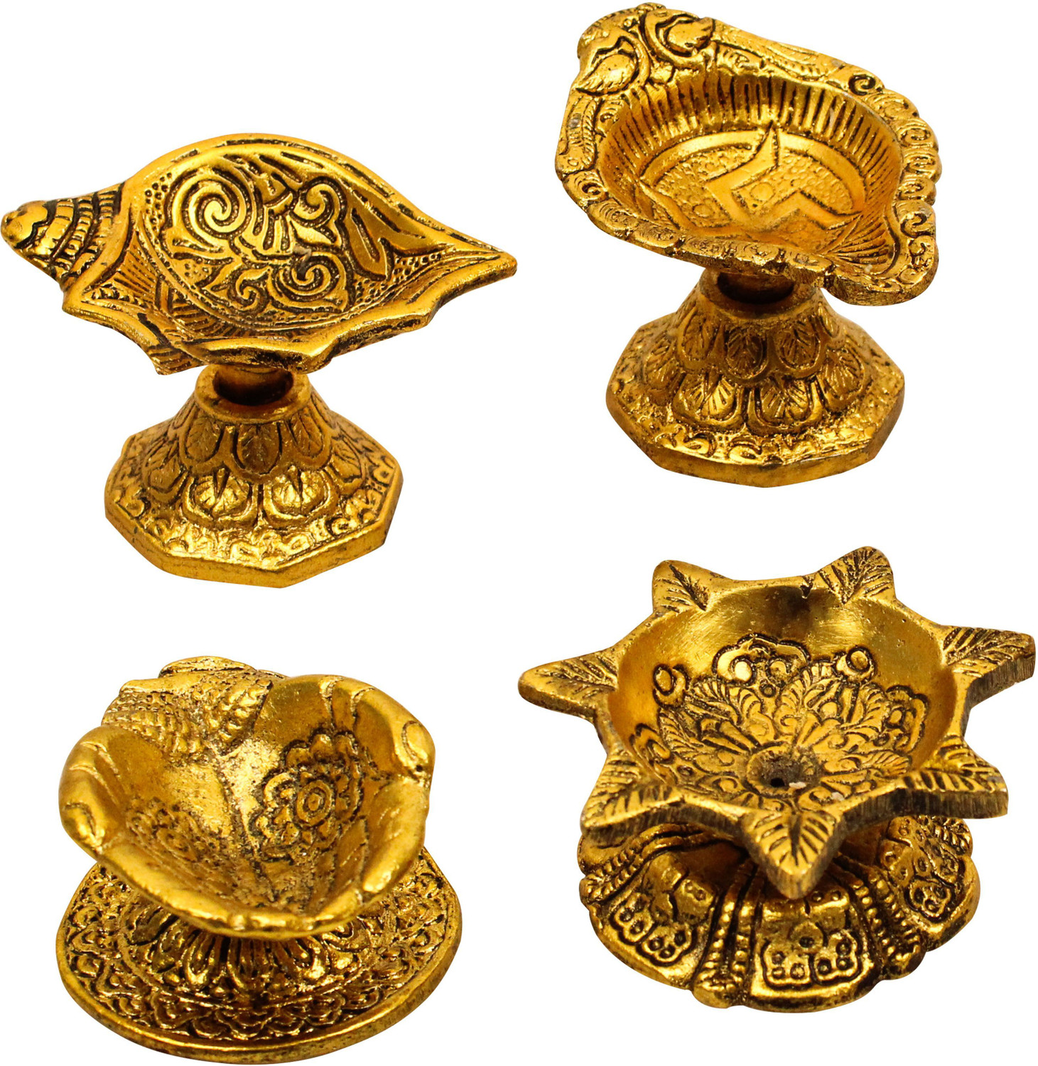 Image of Spillbox Oxidized Metal Diya for Puja -Four Assorted Diyas Brass Table Diya