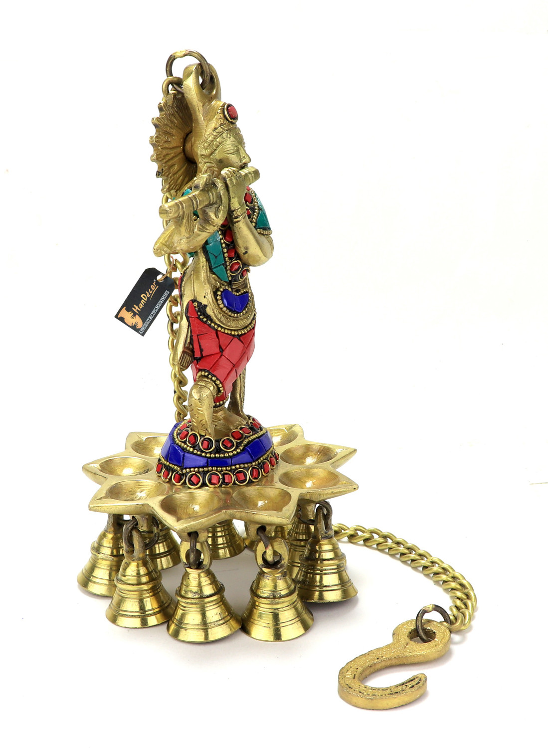 Image of Two Moustaches Gemstone Work Krishna Design Hanging Diya, Brass Hanging Diya