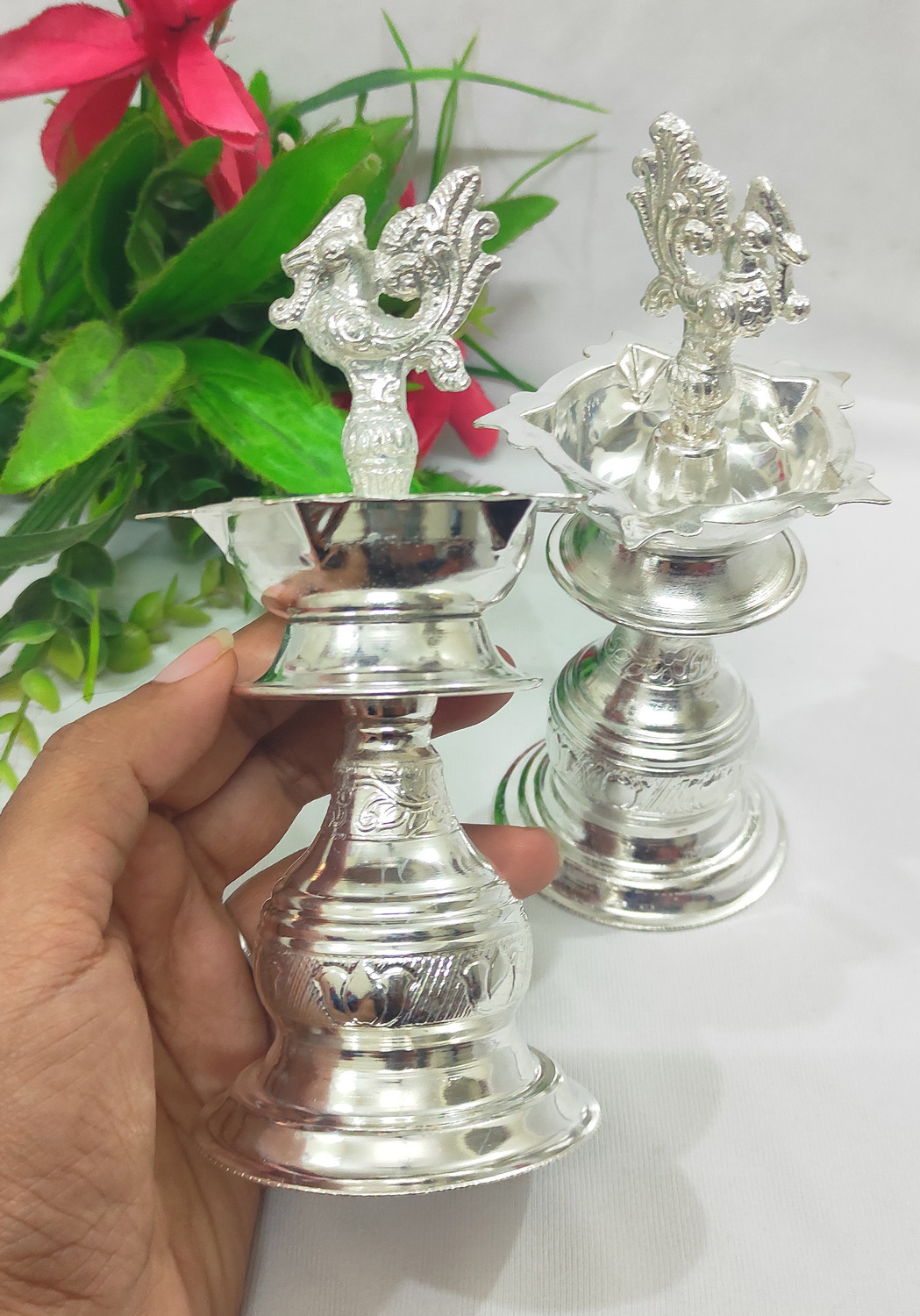Image of Samukkaras Fashion Samukkaras Pure German Silver Peacock Design Kuthuvilakku set for Home Silver (Pack of 2) Table Diya Set