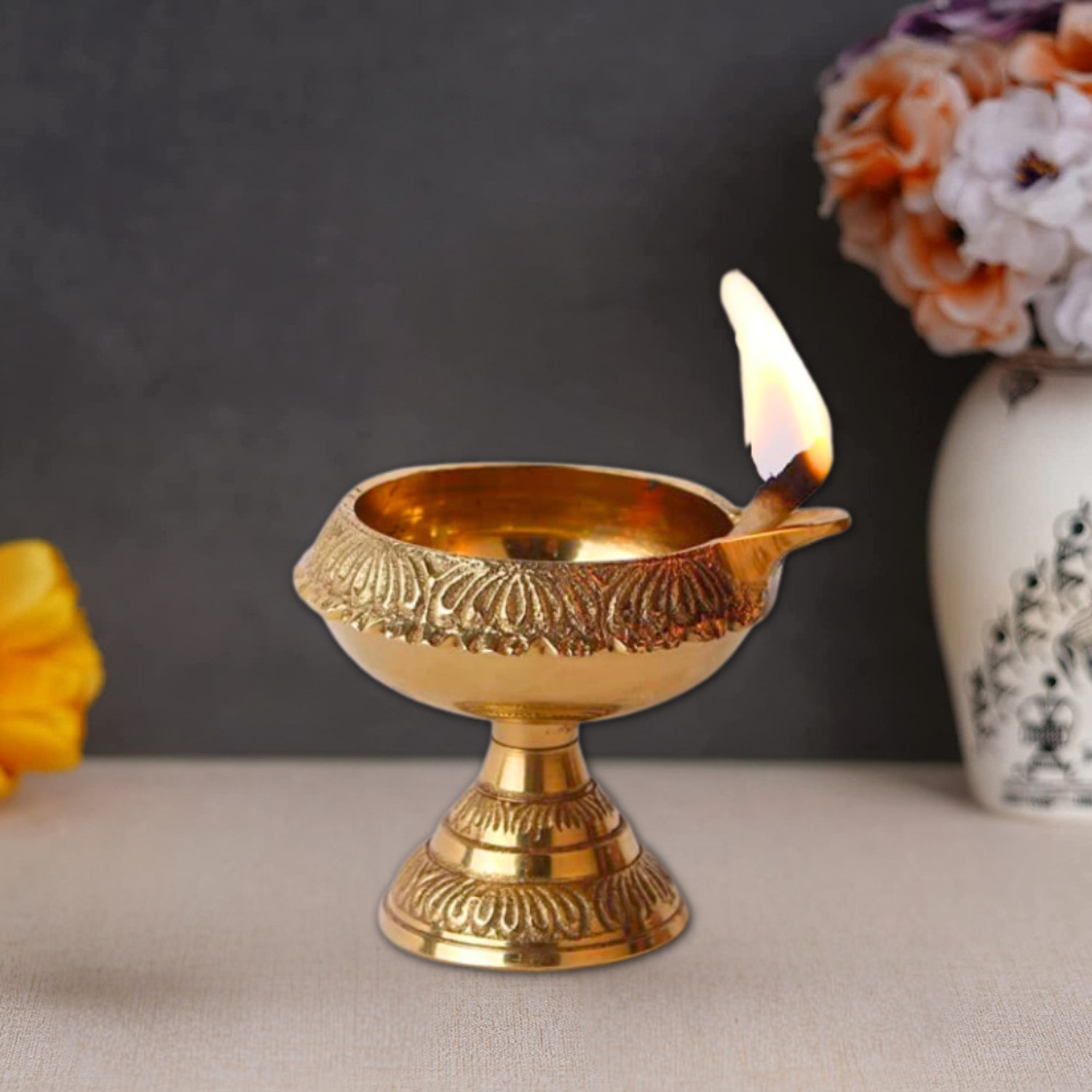 Image of sanskaari Pure Brass Kuber Stand Diya for Puja Diya for Puja Brass Table Diya Brass Table Diya