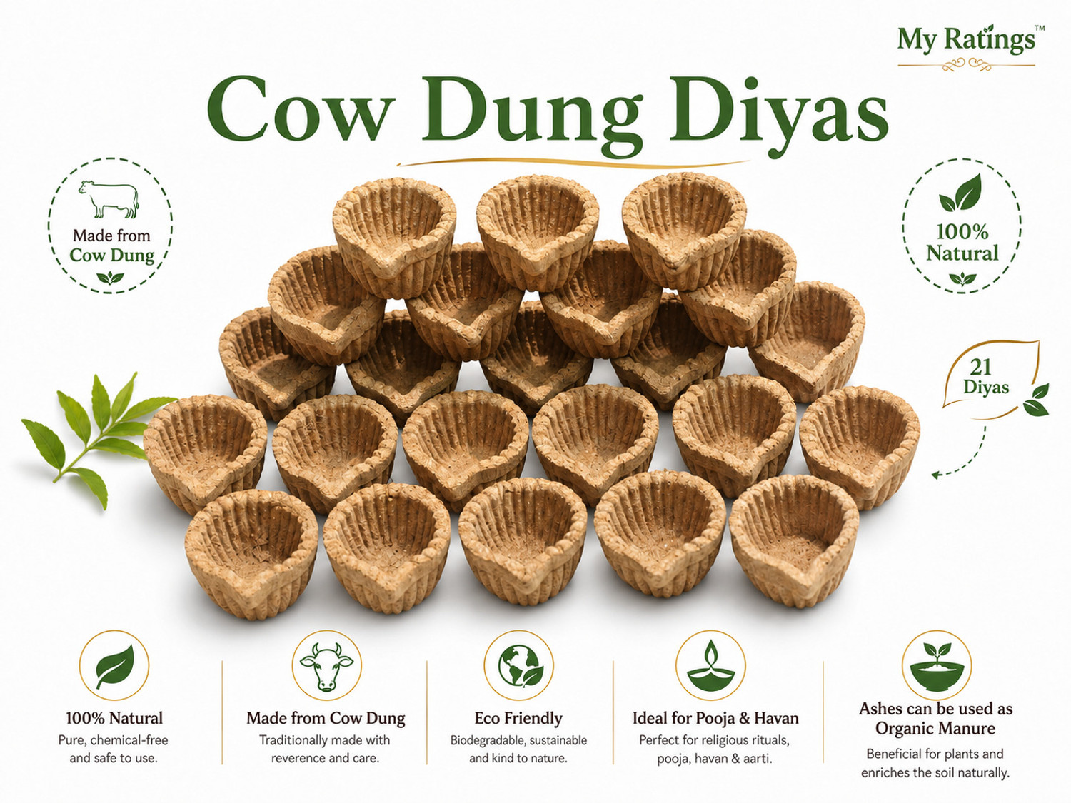 Image of NEUTON Cow Dung Self Burn Diyas | Pure Gir Cow Dung | Ideal for Deewali & Pooja Cow Dung (Pack of 21) Table Diya Set