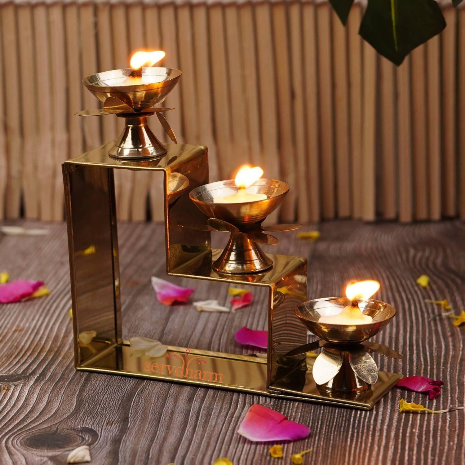 ServDharm 3 Steps Decorative Brass Diya for Puja Brass Table Diya...mo