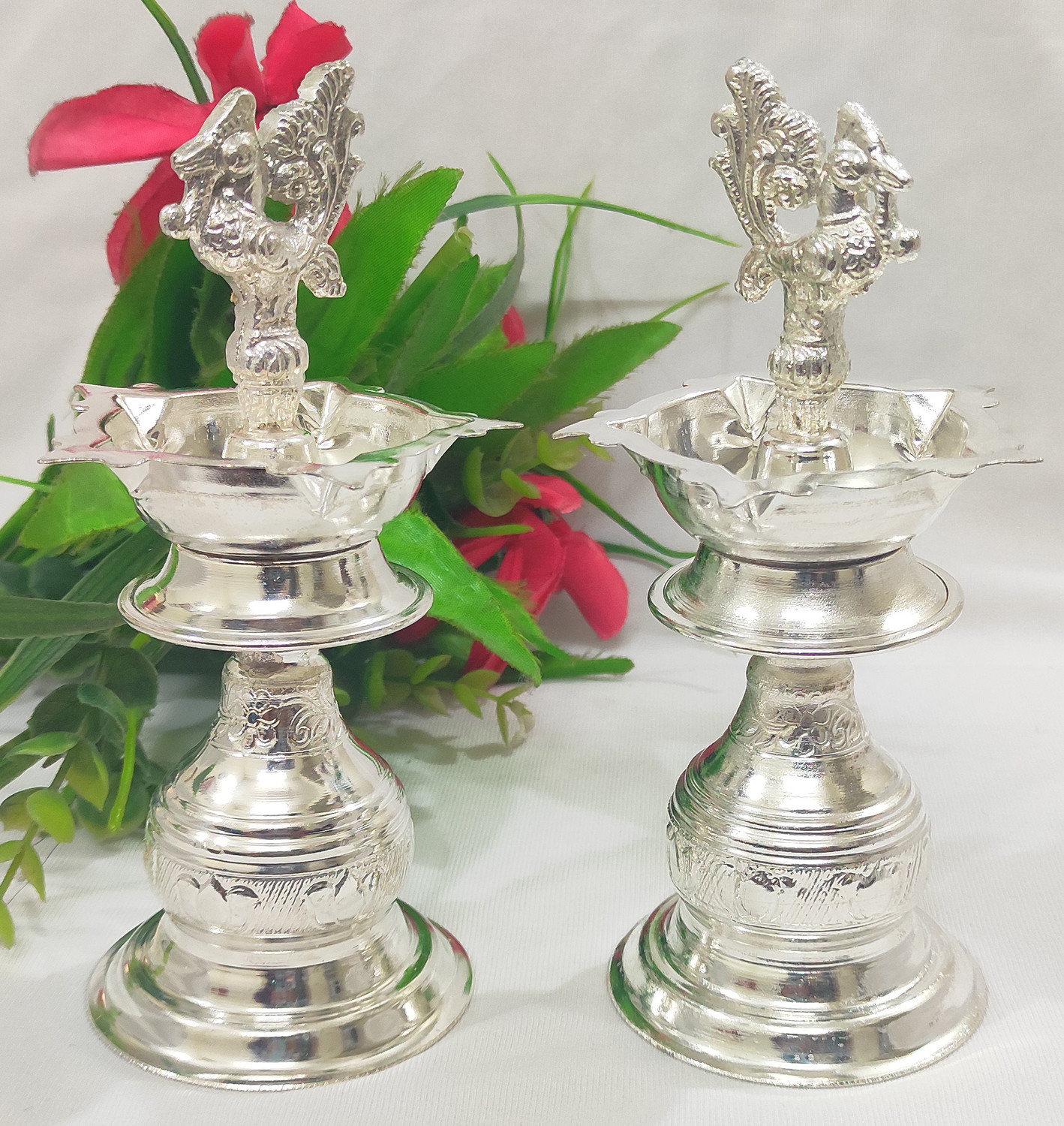 Image of Samukkaras Fashion Samukkaras Pure German Silver Peacock Design Kuthuvilakku set for Home Silver (Pack of 2) Table Diya Set