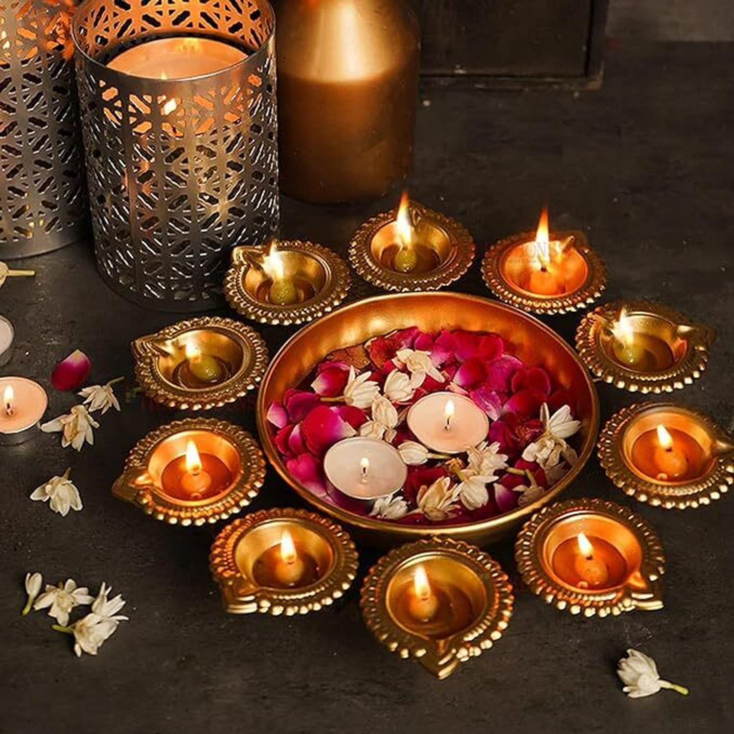 Image of M&V CRAFT PURE METAL Diya Urli Tealight Holder for Diwali DECORATION 10.5 inch Cast Iron Table Diya Set (Height: 2 inch)