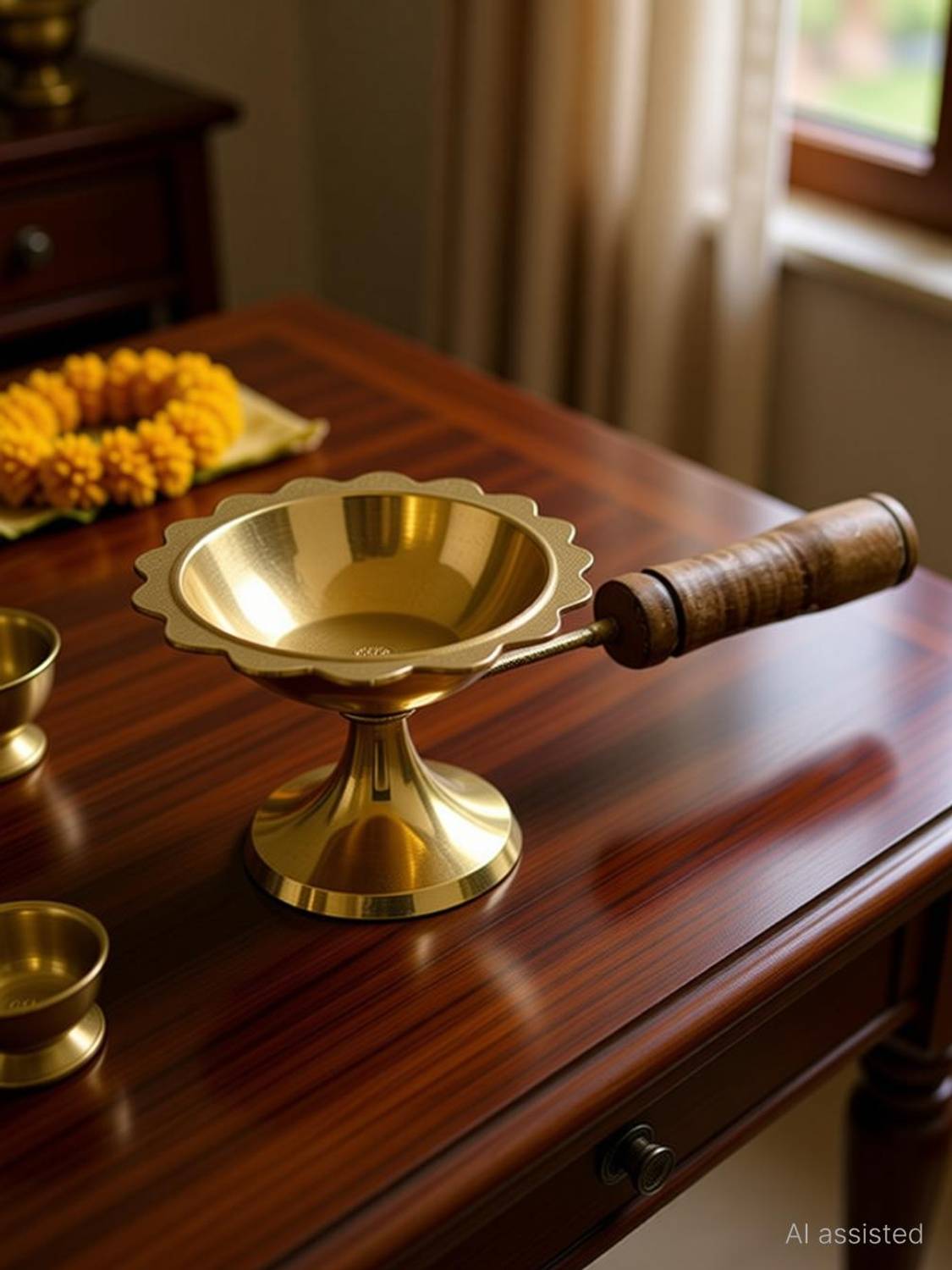 Astrodidi Dhoop Diya with Wooden Handle Brass Dhupiya Kapoor Aarti Diva Brass Table Diya