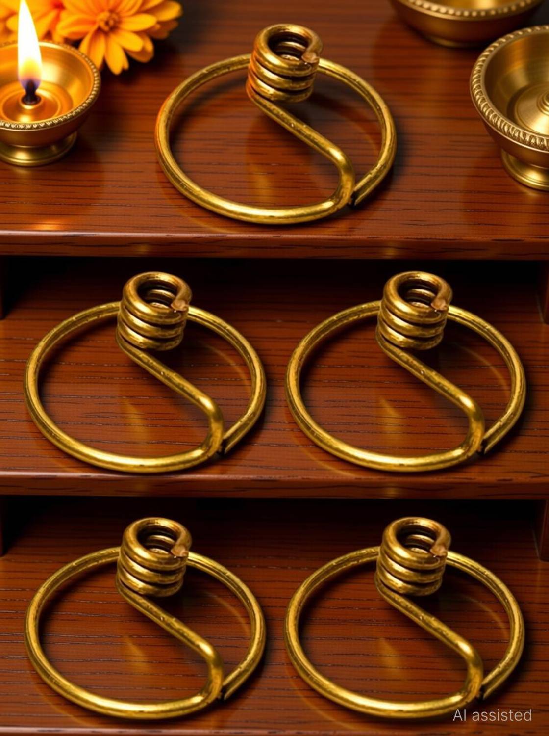 AflahHomeDecor 100% Pure Brass Wick Holder for Oil Lamp Deepam Stand, Round Wick for Pooja Diya Brass (Pack of 5) Hanging Diya Set