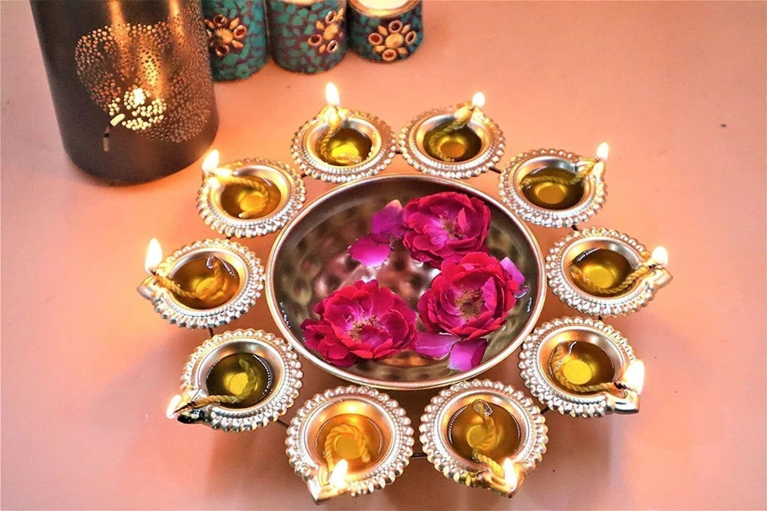 Image of M&V CRAFT PURE METAL Diya Urli Tealight Holder for Diwali DECORATION 10.5 inch Cast Iron Table Diya Set (Height: 2 inch)