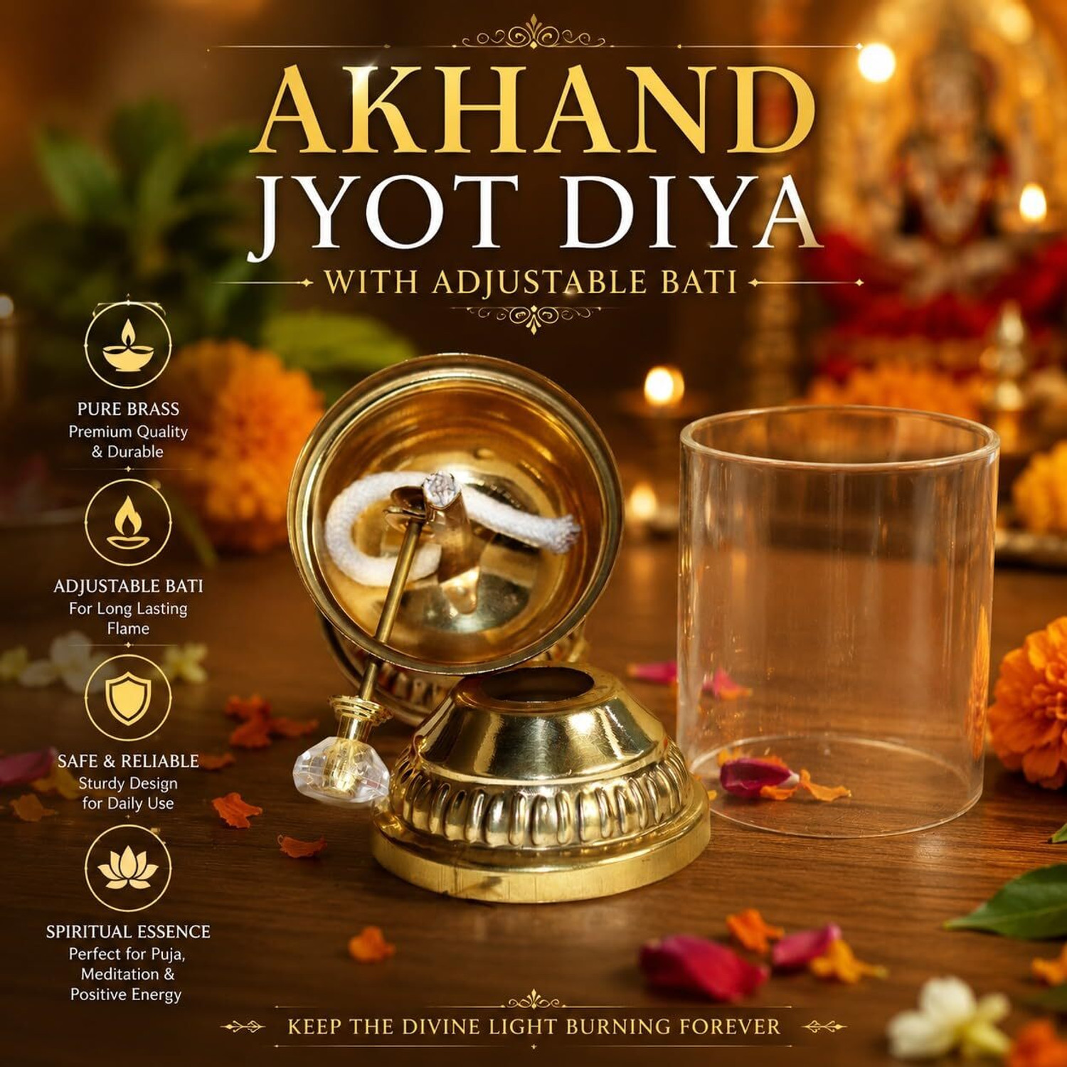 Image of SANVI HANDICRAFT Akhand Jyot Diya with Adjustable Bati, Long Burning Oil Lamp with Glass Cover Brass, Glass Table Diya (Height: 6.5 inch)