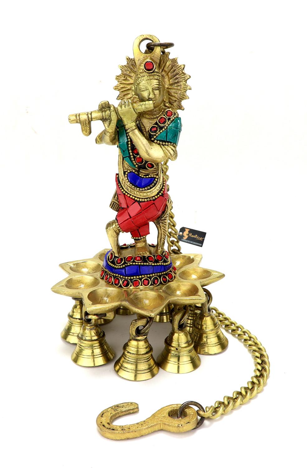 Image of Two Moustaches Gemstone Work Krishna Design Hanging Diya, Brass Hanging Diya
