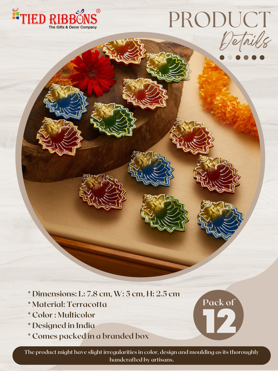 Image of TIED RIBBONS Handcrafted Teracotta Clay Diya For Diwali Festival, Diya For Puja Terracotta (Pack of 12) Table Diya