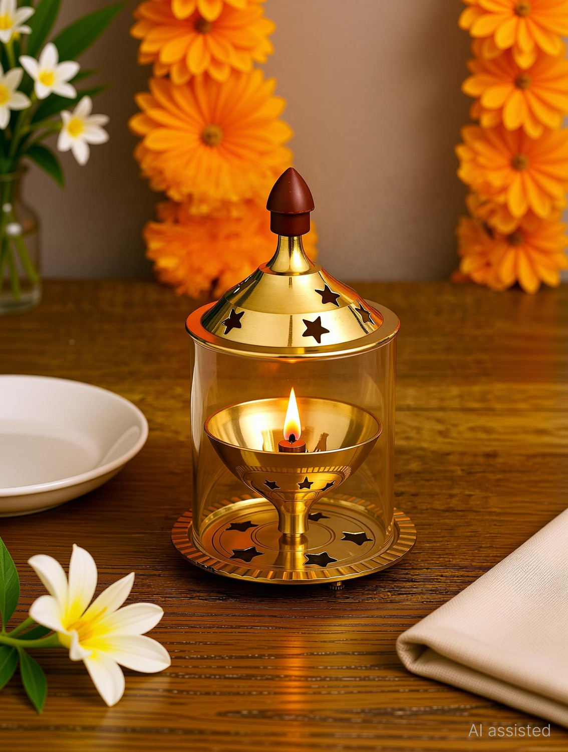 Image of Ein Sof Akhand Jyoti Diya with Borosilicate Glass - Gold Plated Brass, Glass Table Diya