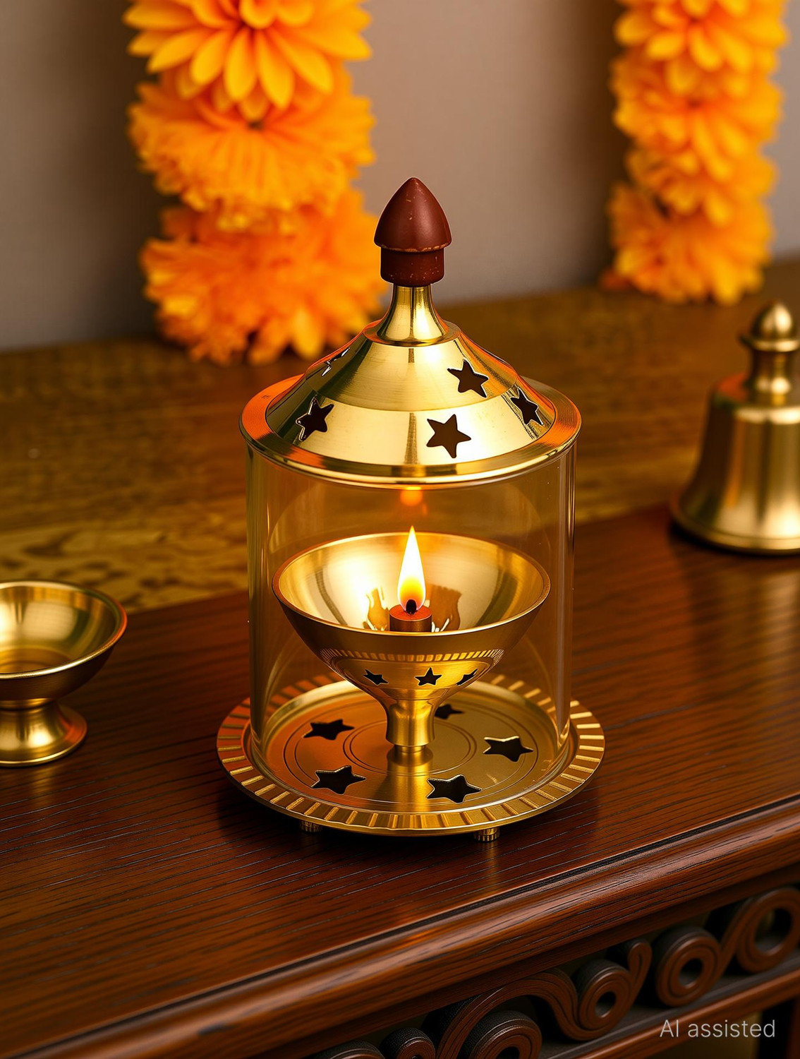 Image of Ein Sof Akhand Jyoti Diya with Borosilicate Glass - Gold Plated Brass, Glass Table Diya