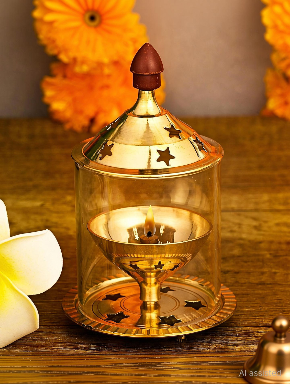 Image of Ein Sof Akhand Jyoti Diya with Borosilicate Glass - Gold Plated Brass, Glass Table Diya