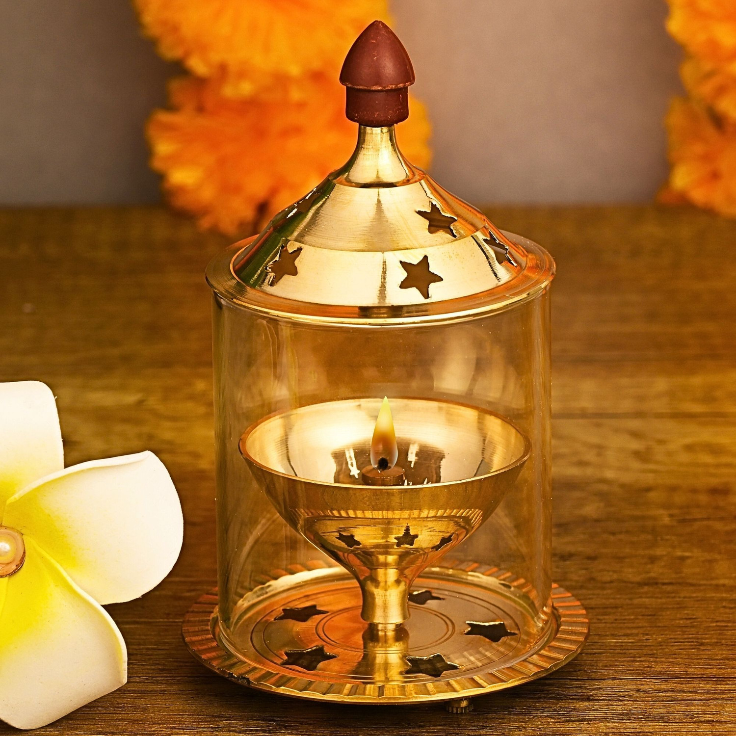 Image of Ein Sof Akhand Jyoti Diya with Borosilicate Glass - Gold Plated Brass, Glass Table Diya