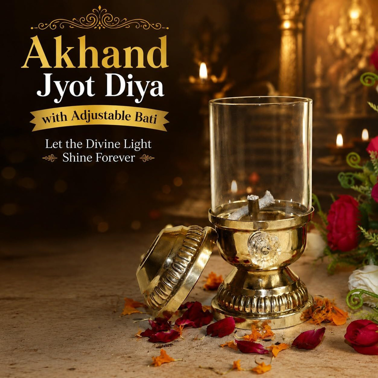 Image of SANVI HANDICRAFT Akhand Jyot Diya with Adjustable Bati, Long Burning Oil Lamp with Glass Cover Brass, Glass Table Diya (Height: 6.5 inch)