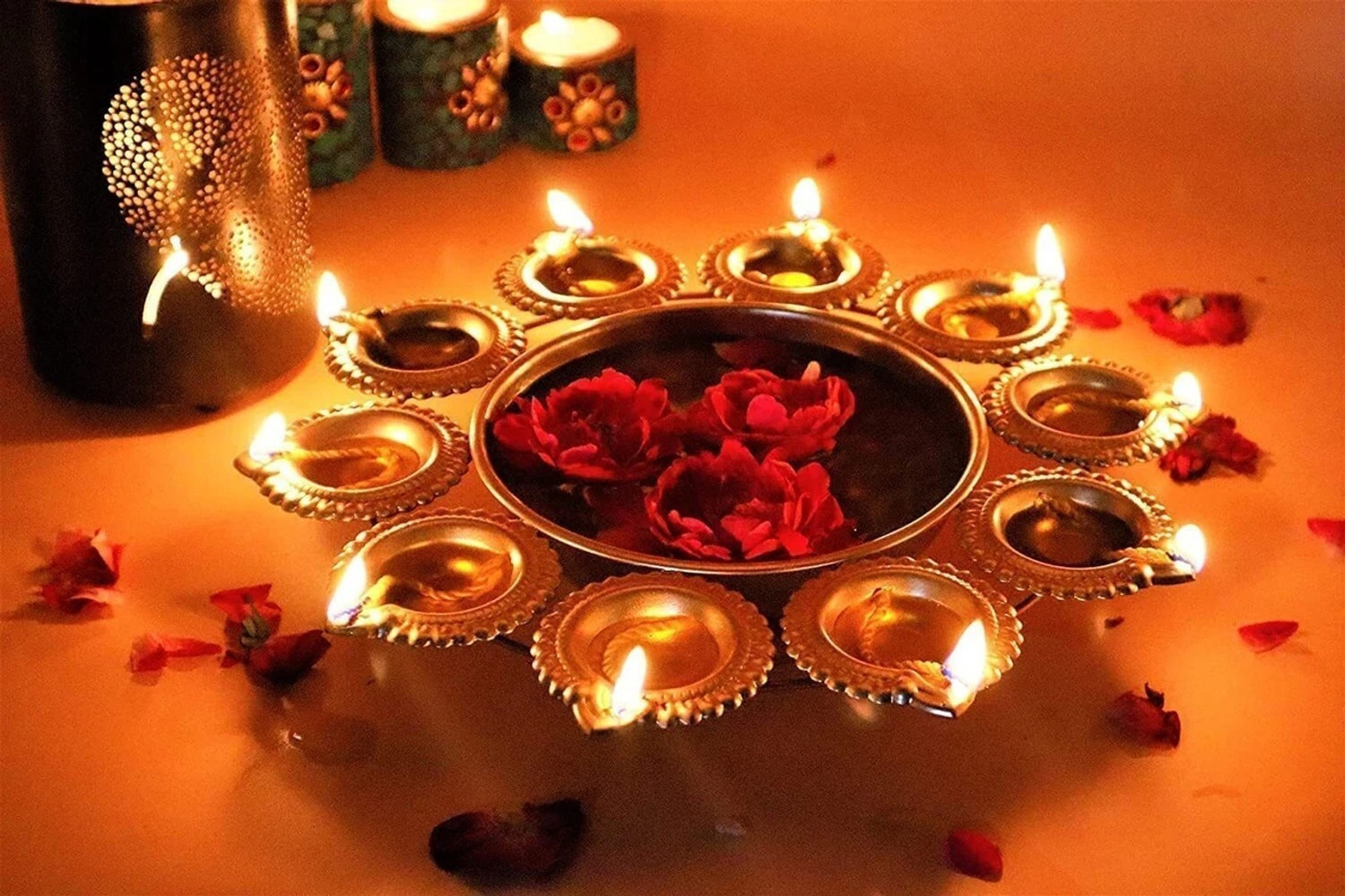 Image of M&V CRAFT PURE METAL Diya Urli Tealight Holder for Diwali DECORATION 10.5 inch Cast Iron Table Diya Set (Height: 2 inch)