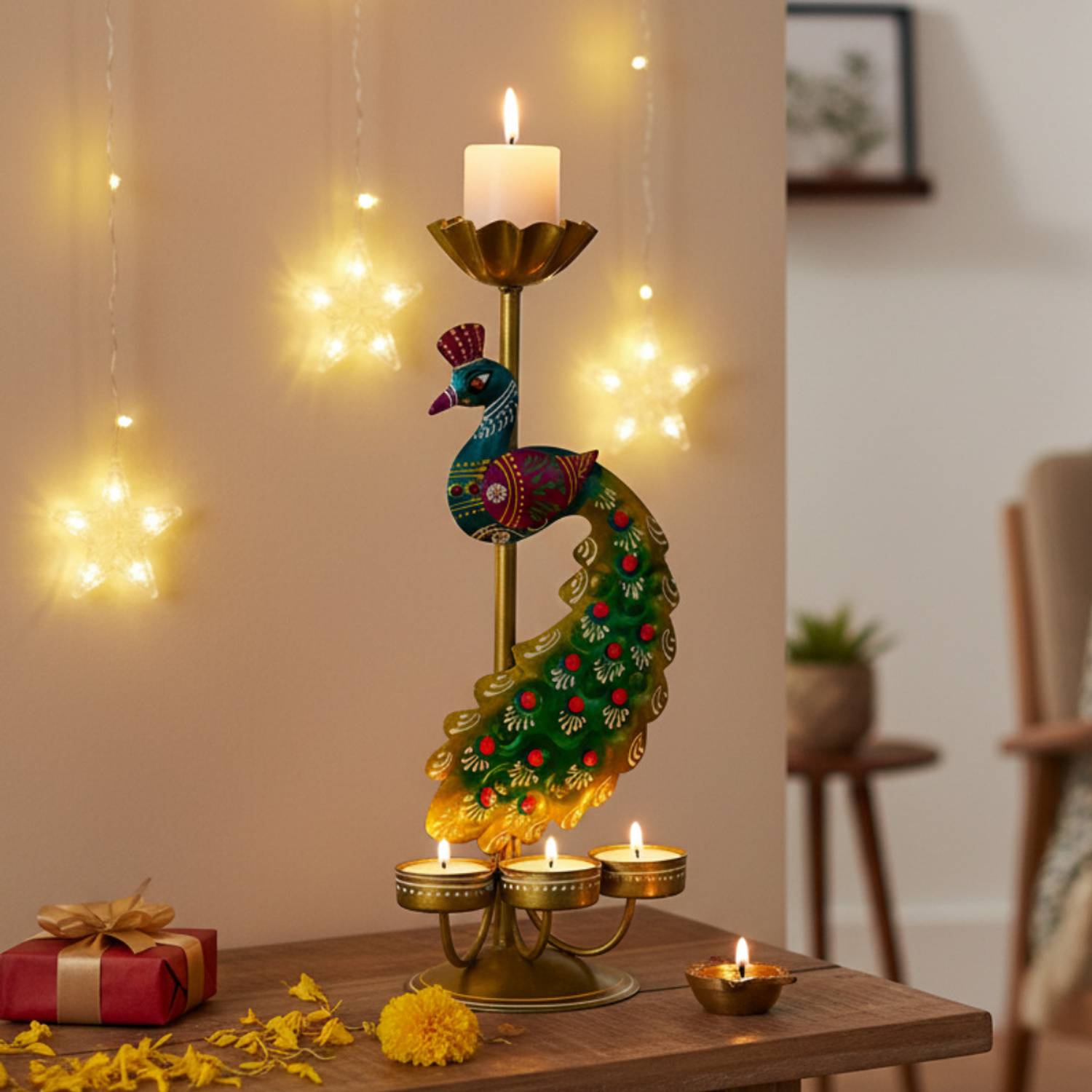 Bhavya ArtAndCraft Decorative Hand-Painted Peacock Showpiece with Diya and Candle Holder for Diwali Iron Table Diya