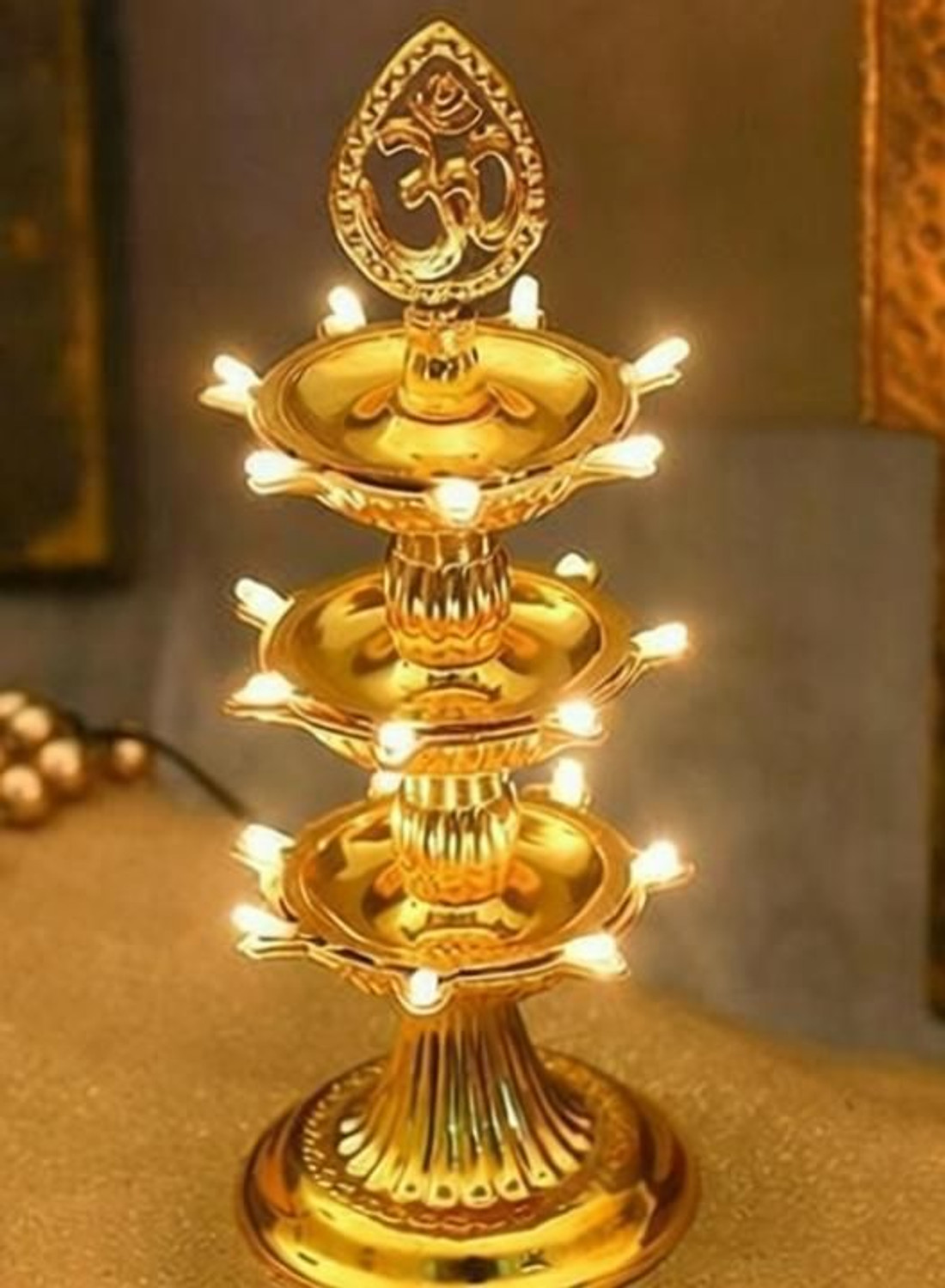 Image of ridhii creations 3 Layer OM Electric 21 LED Diya Stand /Diwali Decorations /Diwali Pooja /Home Decor Plastic Table Diya